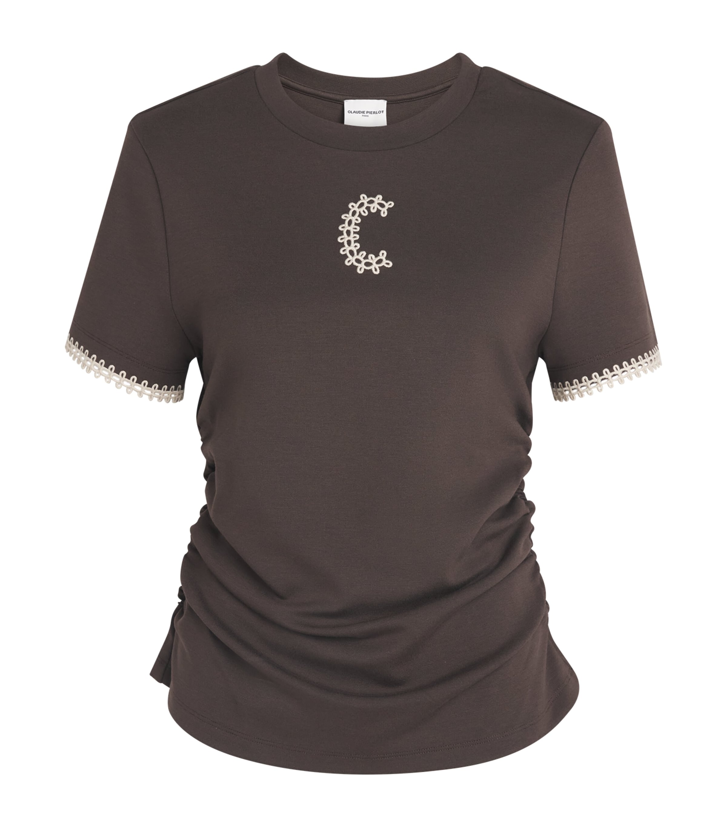 Claudie Pierlot Womens Ruched Embroidered Logo T-Shirt Brown
