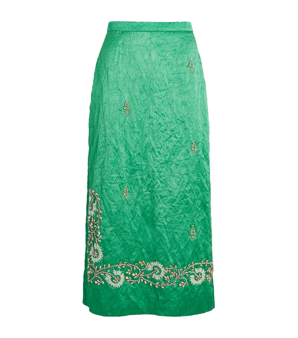 Erdem Womens Satin Floral-Embellished Midi Skirt Sea Green