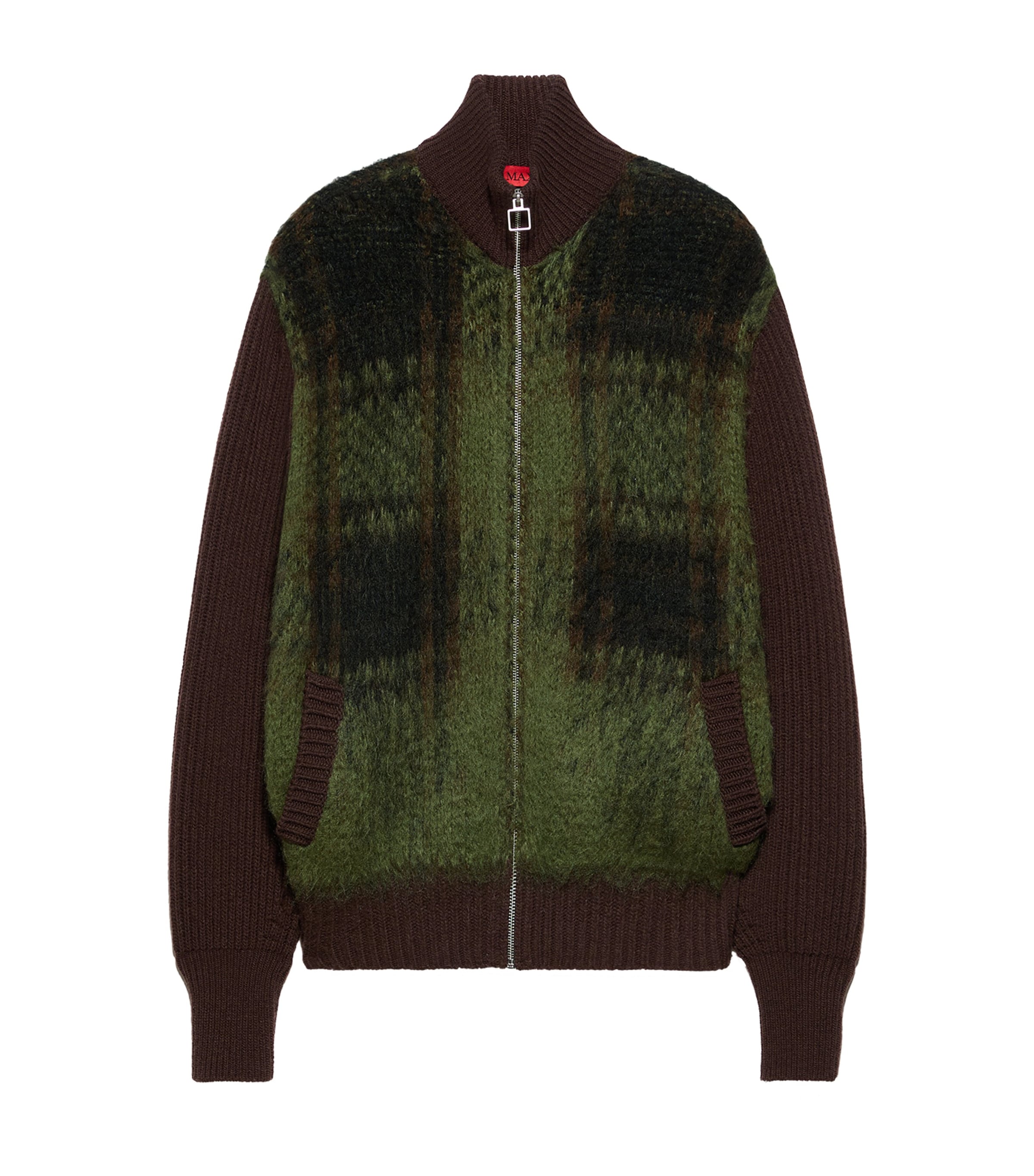 MAX&Co. Womens Plaid Zip-Up Cardigan Brown