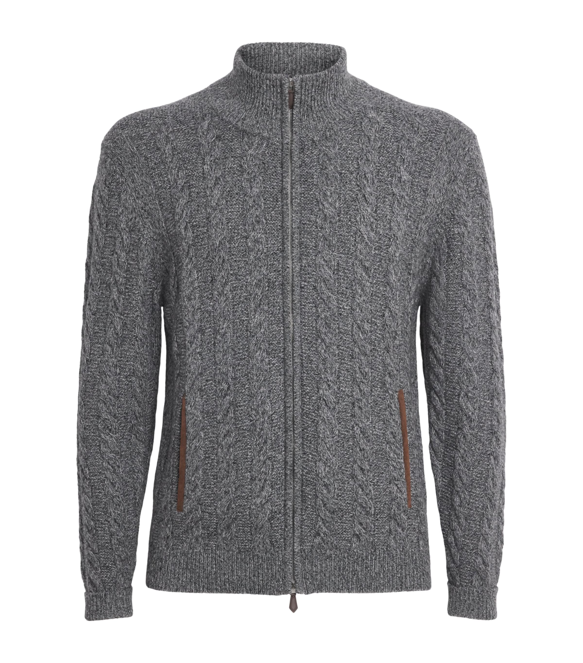 N.Peal Mens Cashmere Cable-Knit Zip-Up Cardigan Elephant Grey