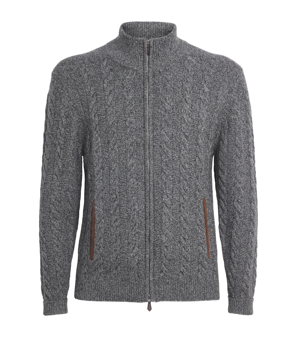 N.Peal Mens Cashmere Cable-Knit Zip-Up Cardigan Elephant Grey