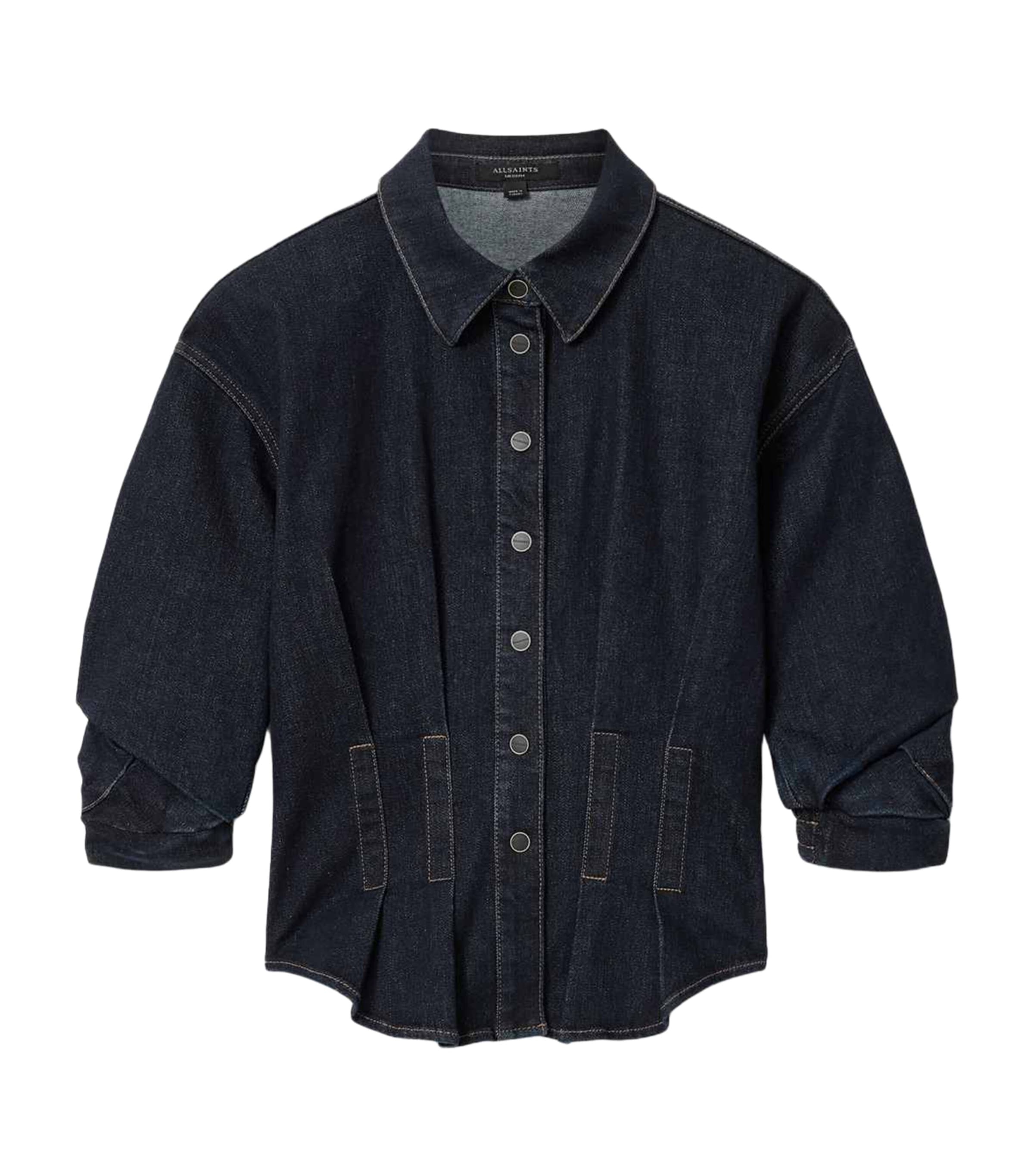 AllSaints Womens Denim Puff-Sleeve Nancy Shirt Rinse Wash Indigo
