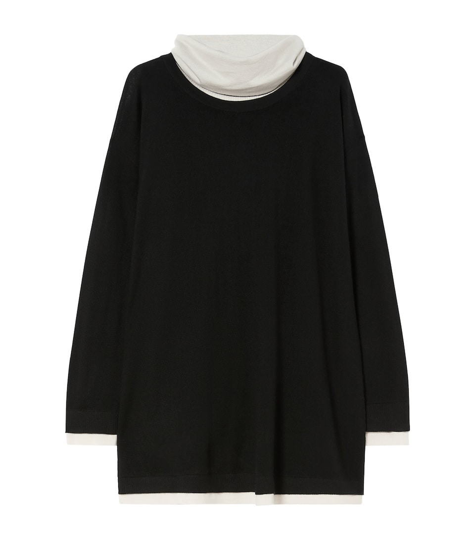 Marina Rinaldi Womens Wool-Silk Removable Mock-Neck Sweater Black White