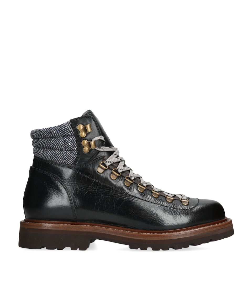 Leather Wool-Cashmere-Trim Mountain Boots