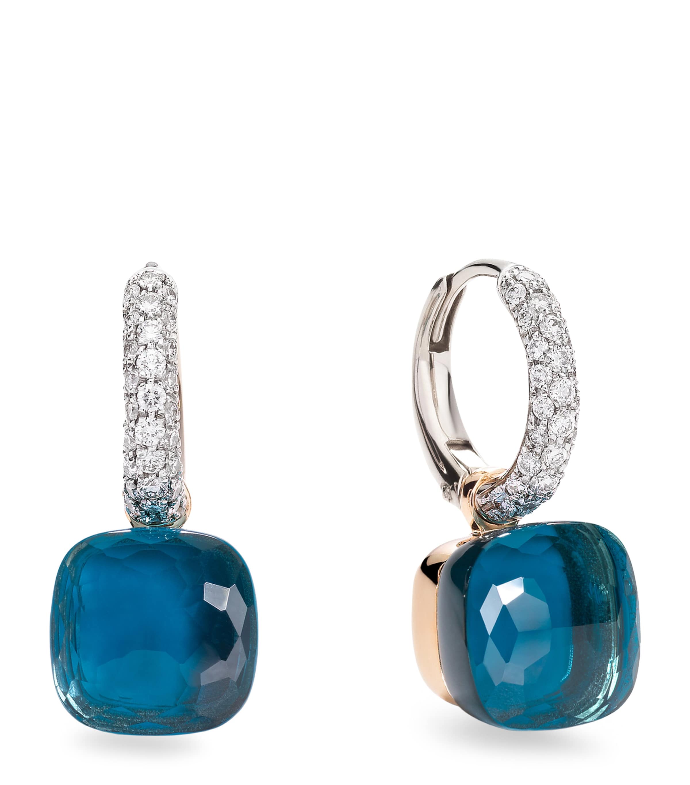 White Gold, London Blue Topaz, Turquoise and Diamond Nudo Drop Earrings