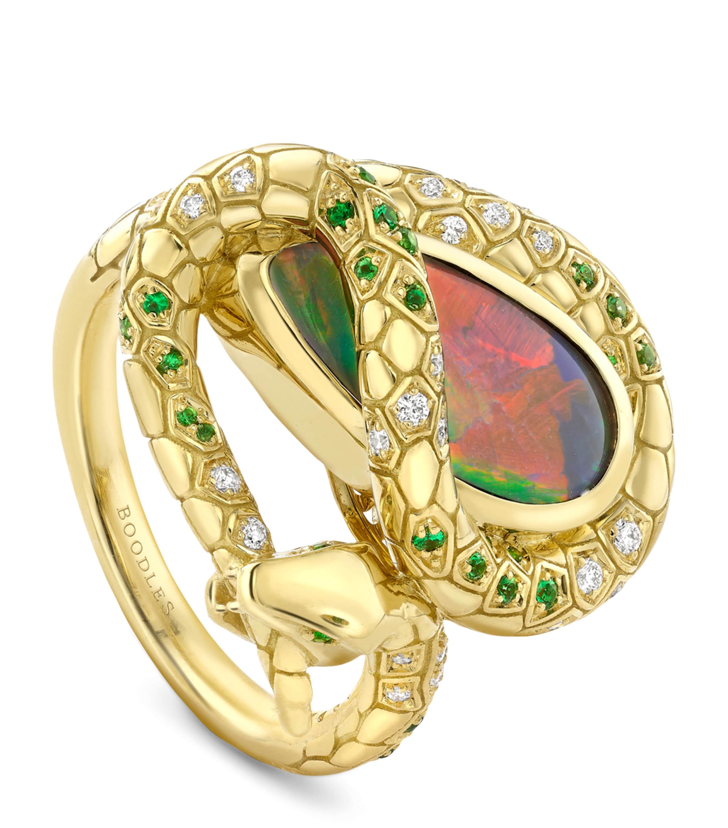Yellow Gold, Diamond, Opal and Tsavorite Green Mamba Inside Africa Ring