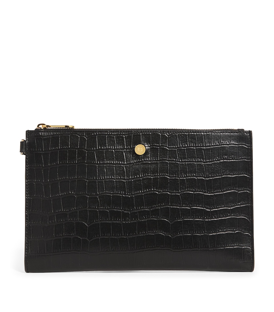 Harrods Medium Croc-Embossed Leather Pouch Black