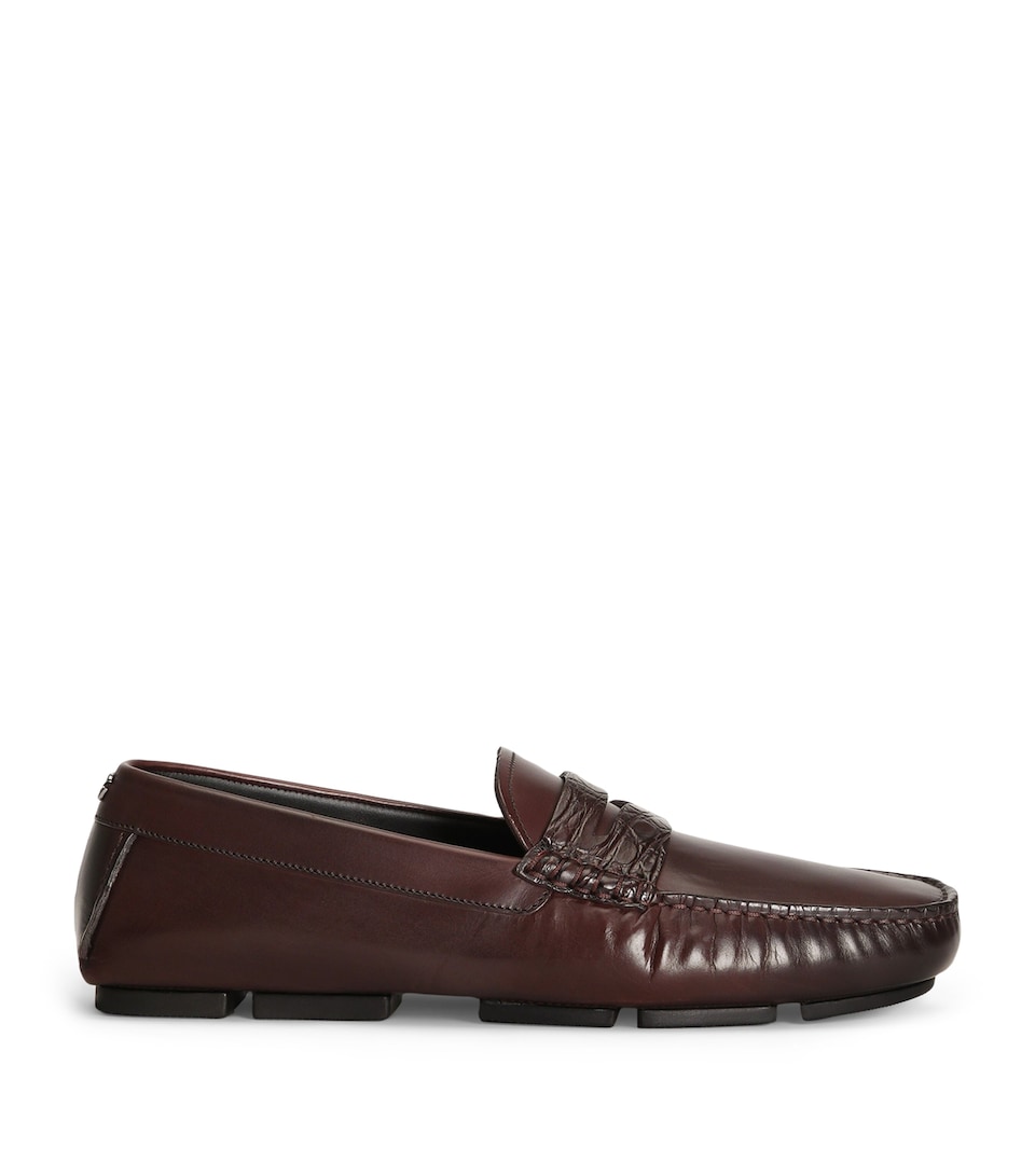 Calfskin Crocodile-Insert Driving Shoes
