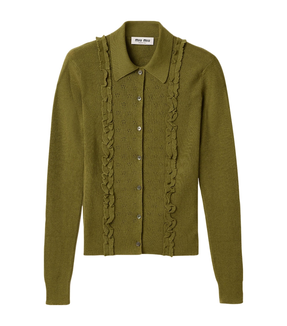 Miu Miu Womens Cashmere-Silk Ruffled Cardigan Green