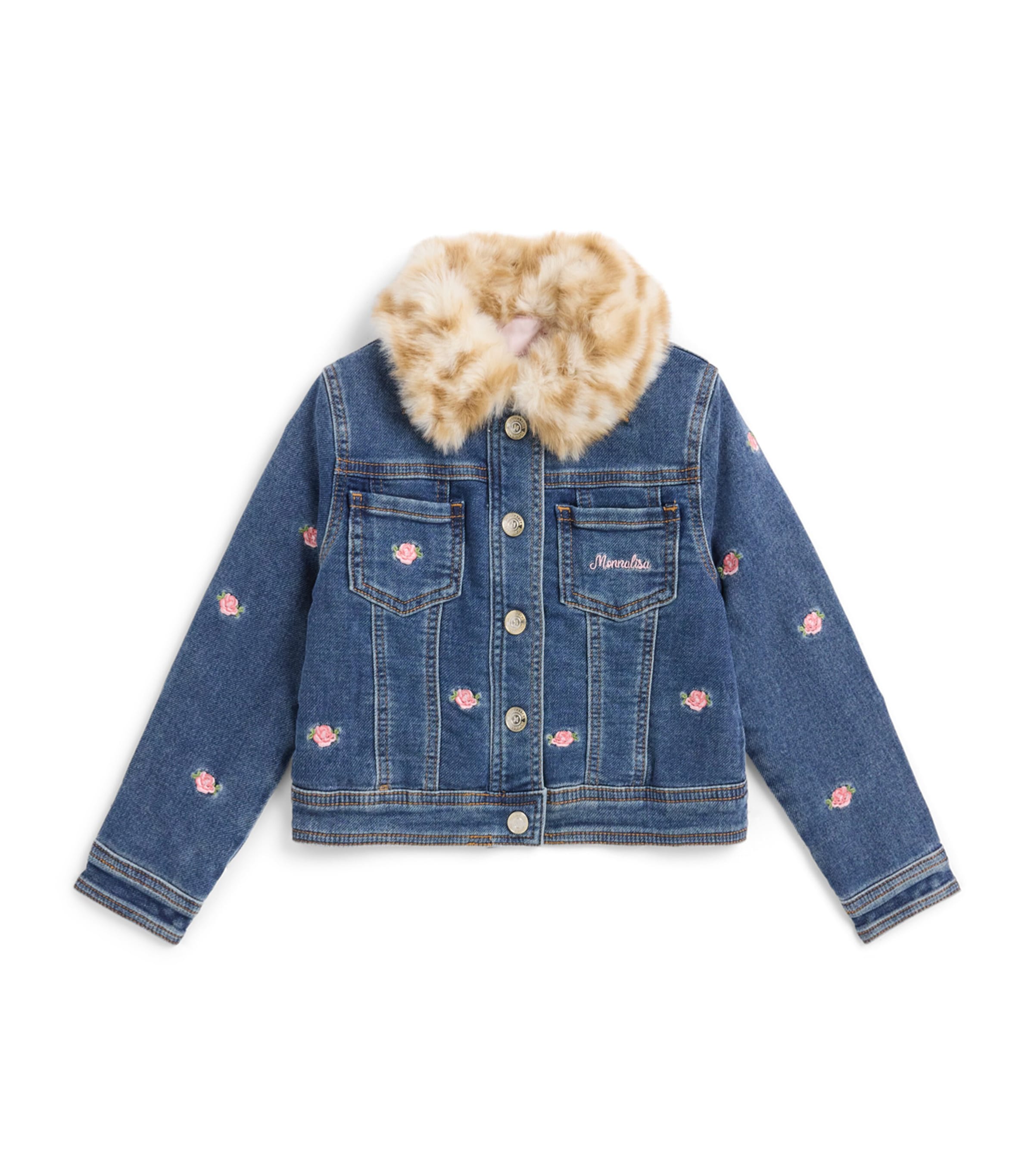 Monnalisa Faux-Fur Collar Embroidered Denim Jacket (9 Months-6 Years) Blu Stone Denim