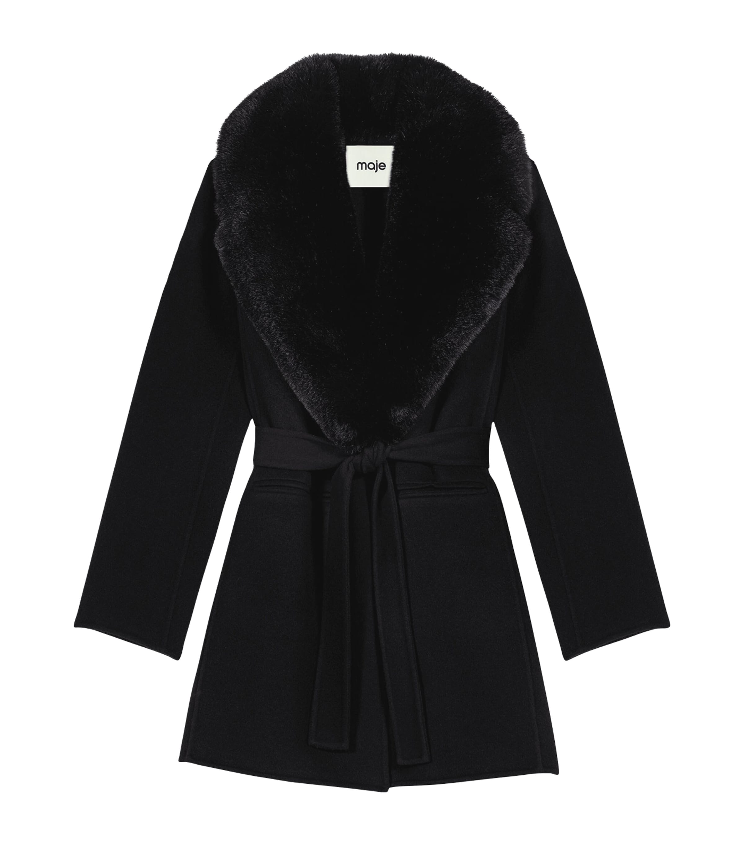Maje Womens Wool-Blend Wrap Coat Black