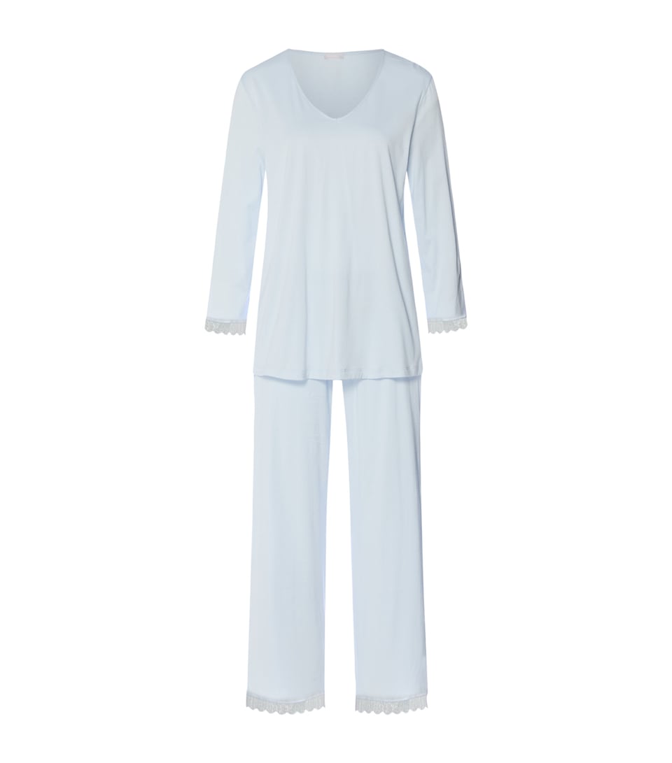 Hanro Womens Cotton Long Inaya Pyjama Set Watery Blue