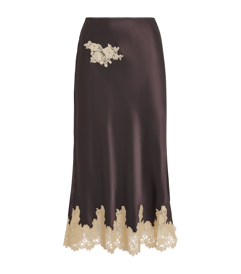 DÔEN Womens Silk Lace-Trim Elowen Midi Skirt Equestrian Brown
