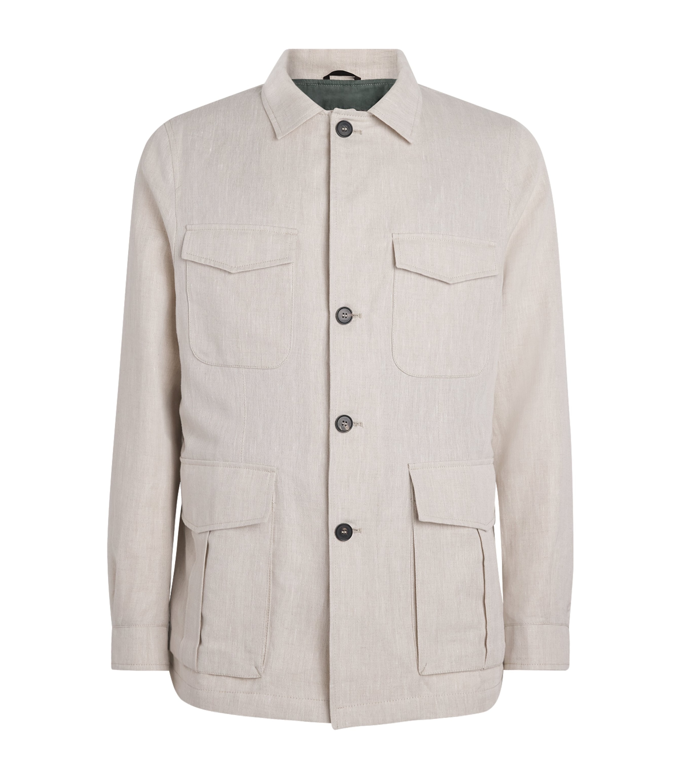 N.Peal Mens Linen-Cotton Herringbone Safari Jacket Chalk