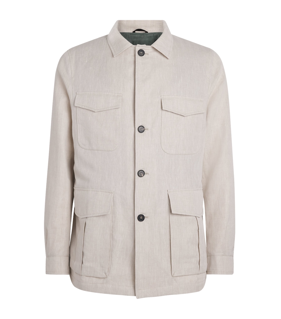 N.Peal Mens Linen-Cotton Herringbone Safari Jacket Chalk