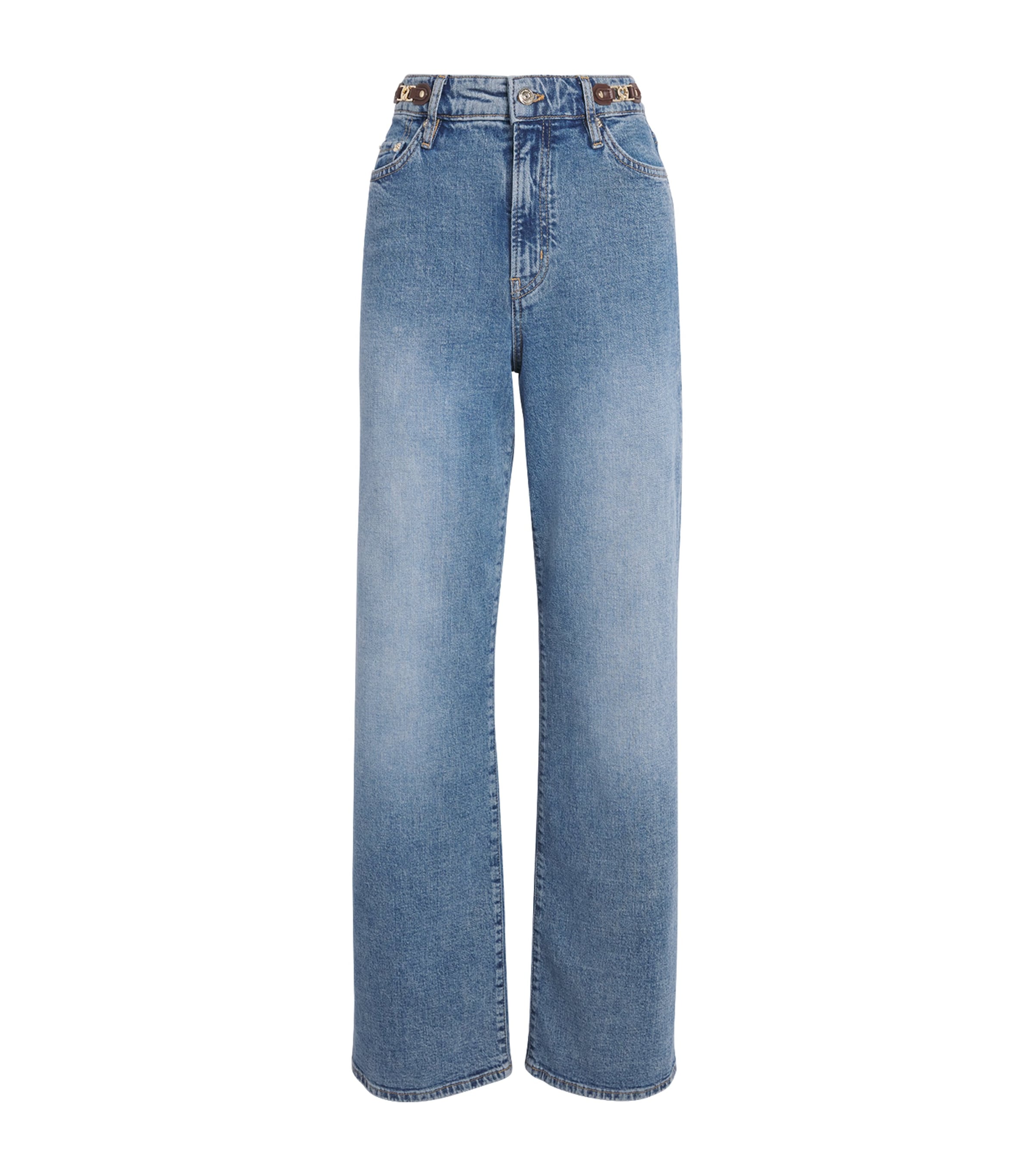 Maje Womens Leather Buckle Wide-Leg Jeans Blue