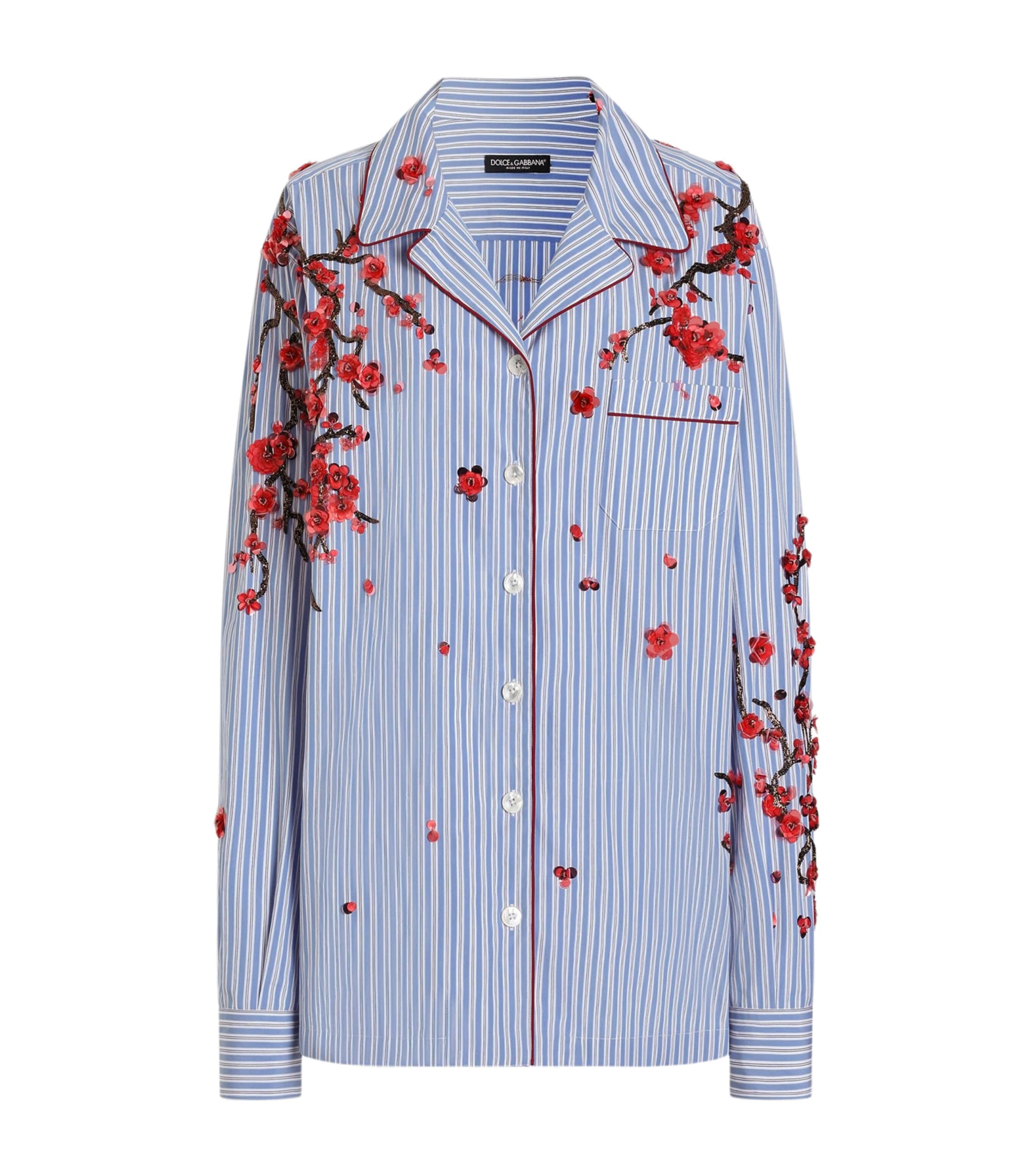 Dolce&Gabbana Womens Cotton-Silk Stripe Embellished Shirt Embr