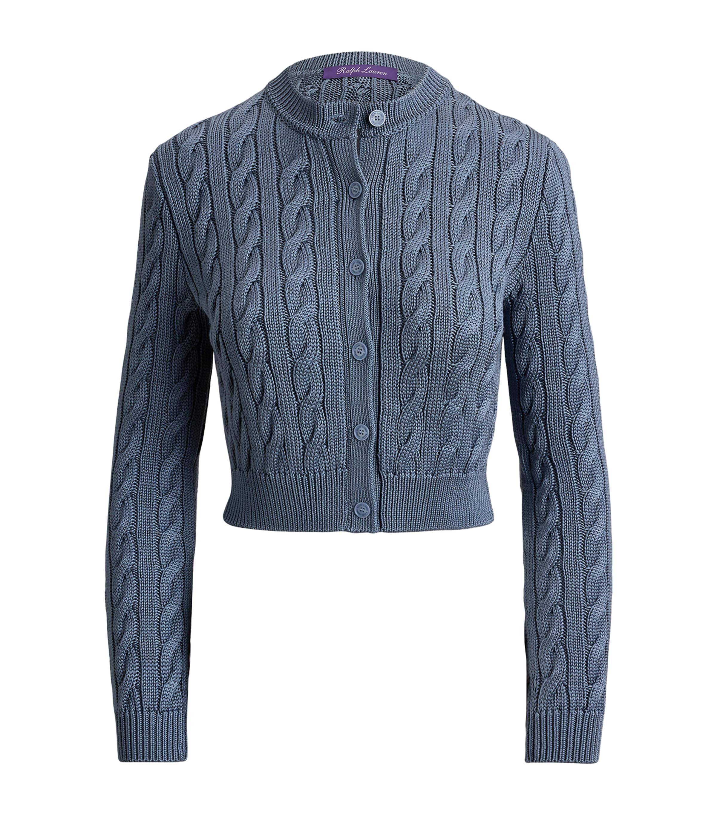 Ralph Lauren Collection Womens Silk Cable-Knit Cropped Cardigan Chambray Blue