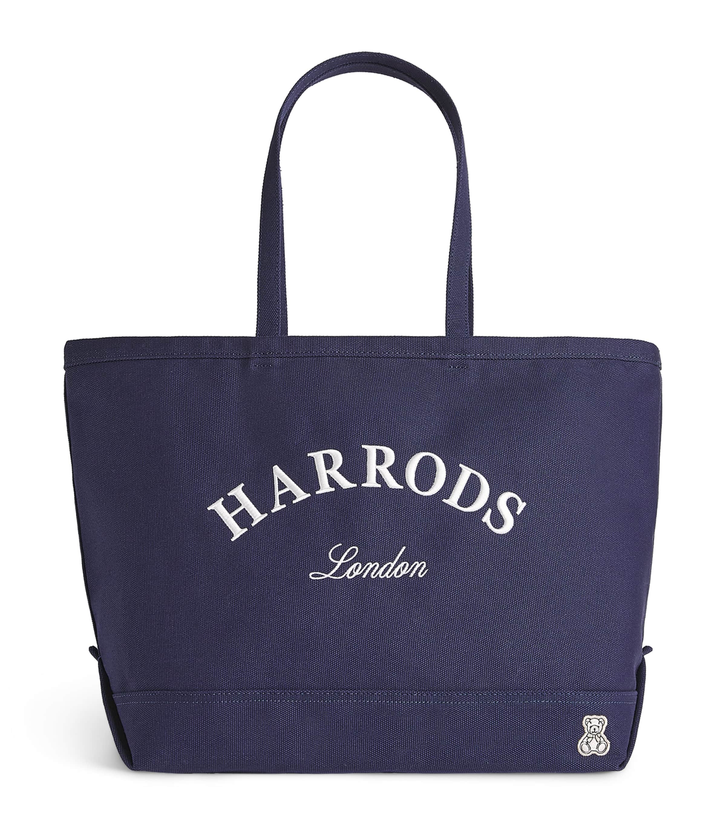 Harrods Medium Cotton Embroidered Logo Tote Bag Navy