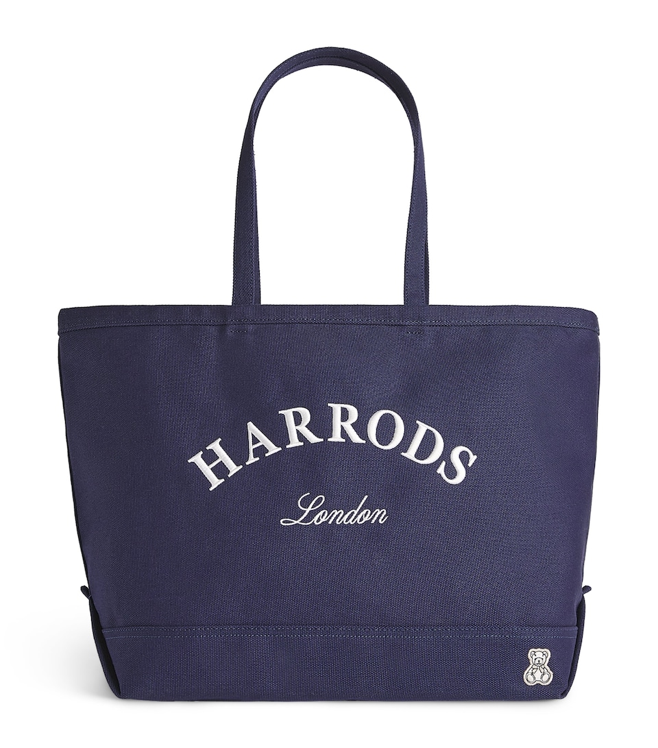 Harrods Medium Cotton Embroidered Logo Tote Bag Navy