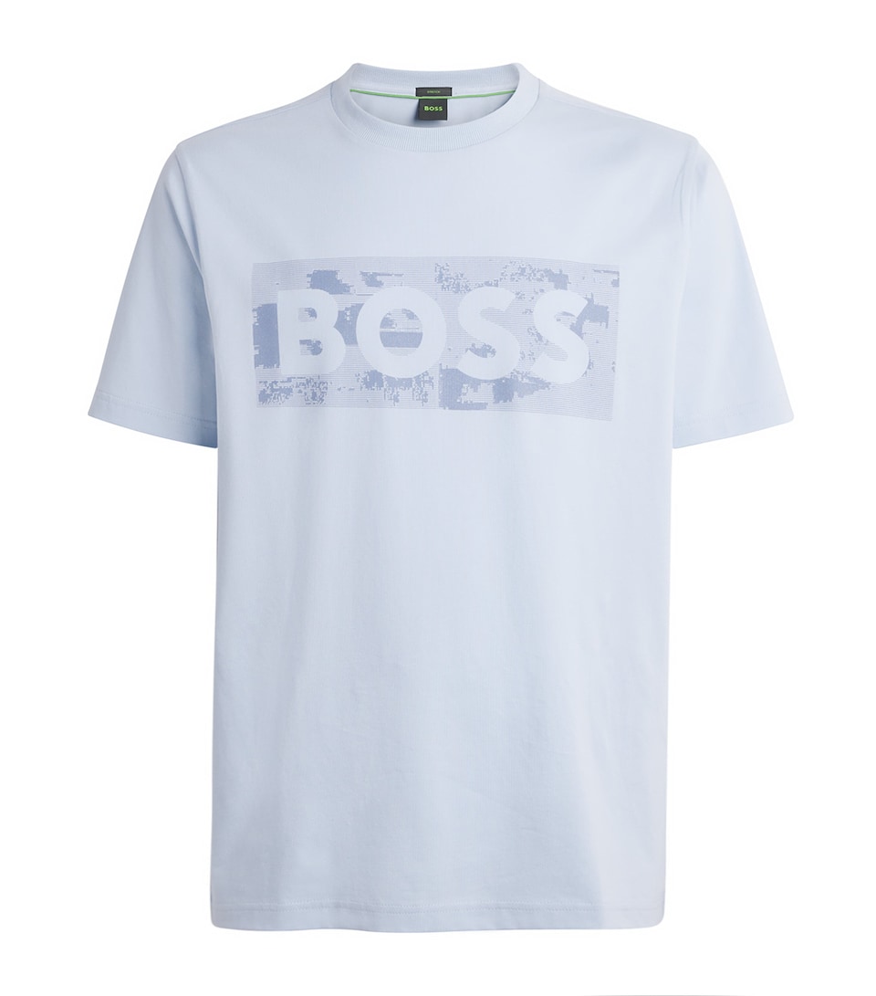 BOSS Mens Stretch-Cotton Logo T-Shirt Open Blue
