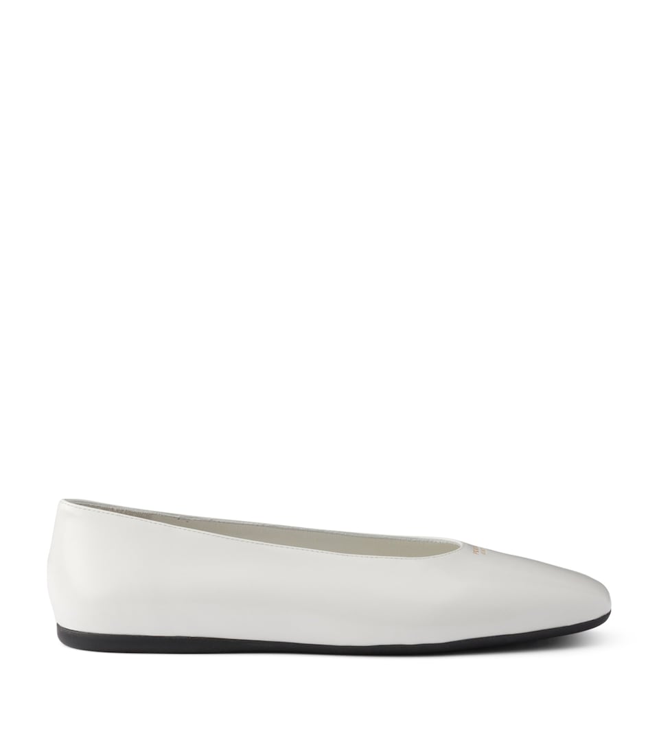 Prada Brushed Leather Logo Ballet Flats White