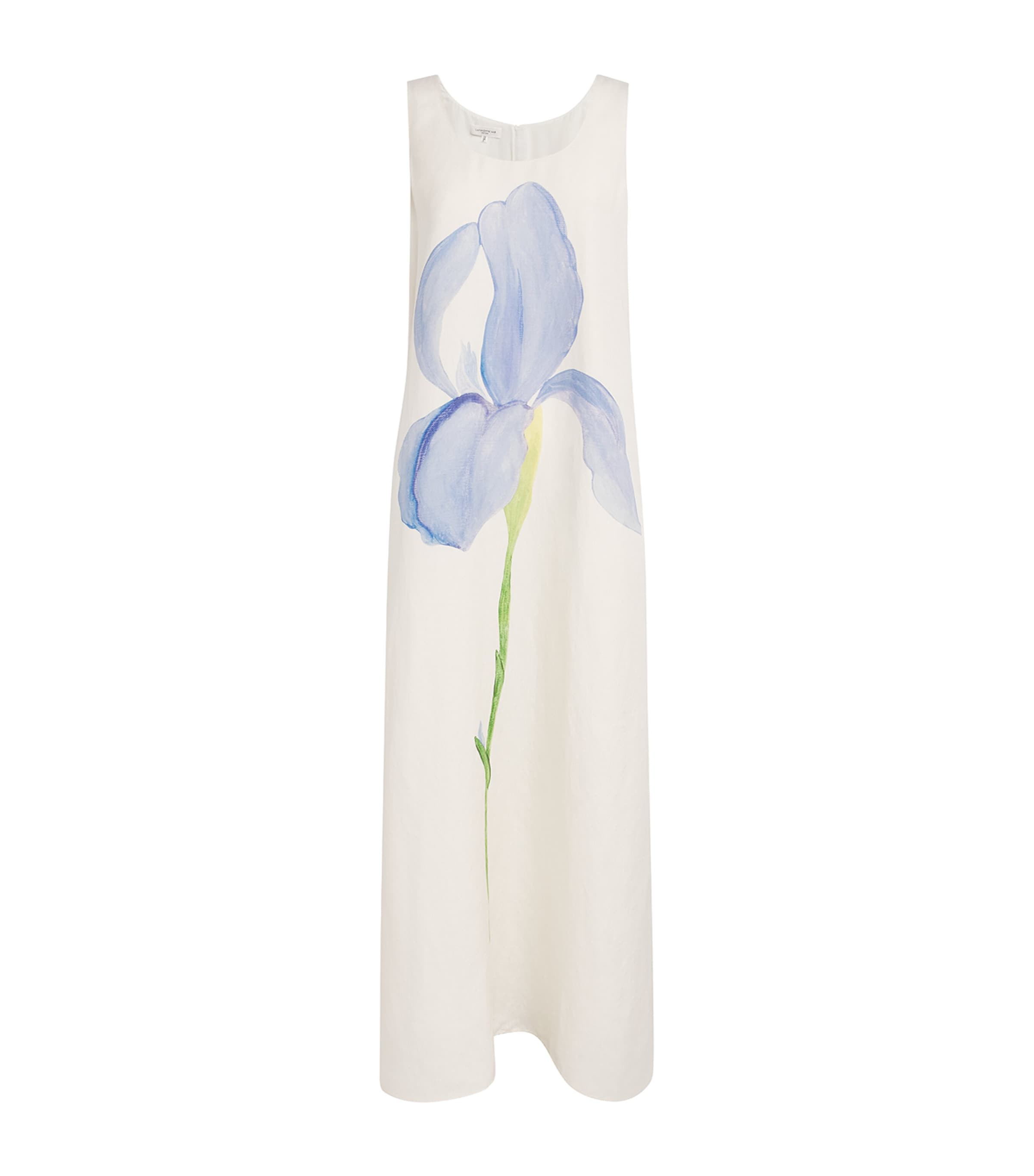 Lafayette 148 Womens Silk-Linen Iris Print Maxi Dress Cloum Cloud Multi