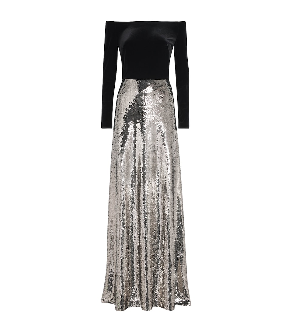 Monique Lhuillier Womens Velvet Sequin-Trim Gown Chrome