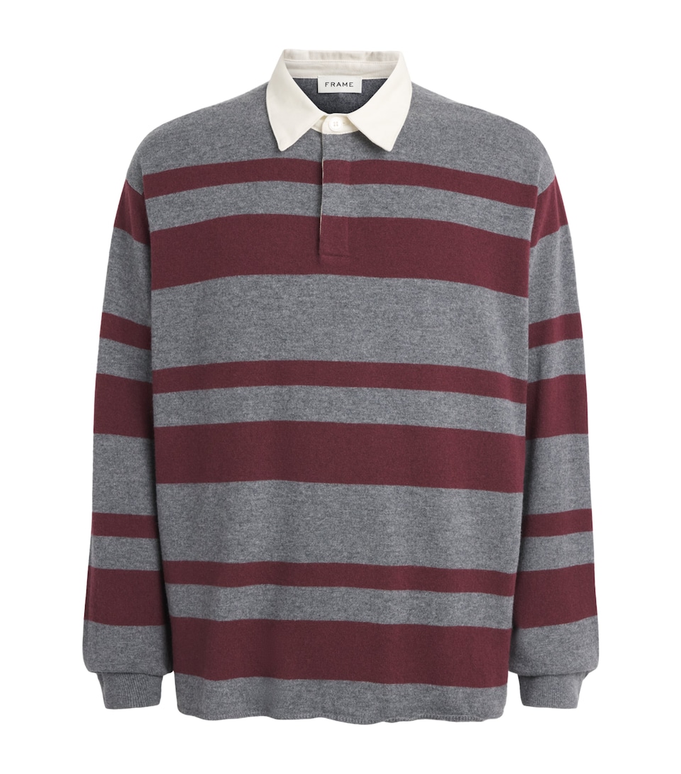 FRAME Mens Merino Wool-Cashmere Stripe Rugby Polo Shirt Gbst Grey/brgnd Strp