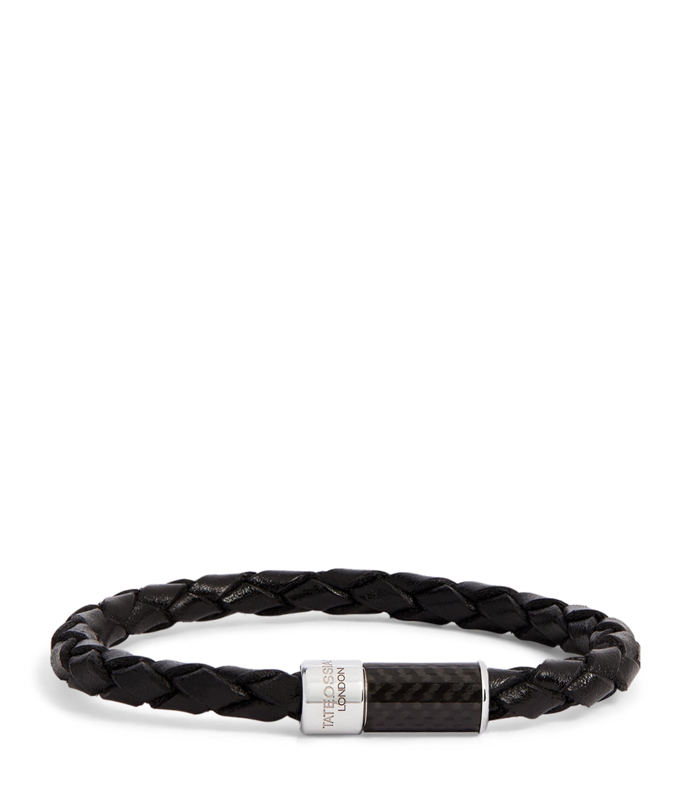 Tateossian Leather Carbon Pop Braided Bracelet Black