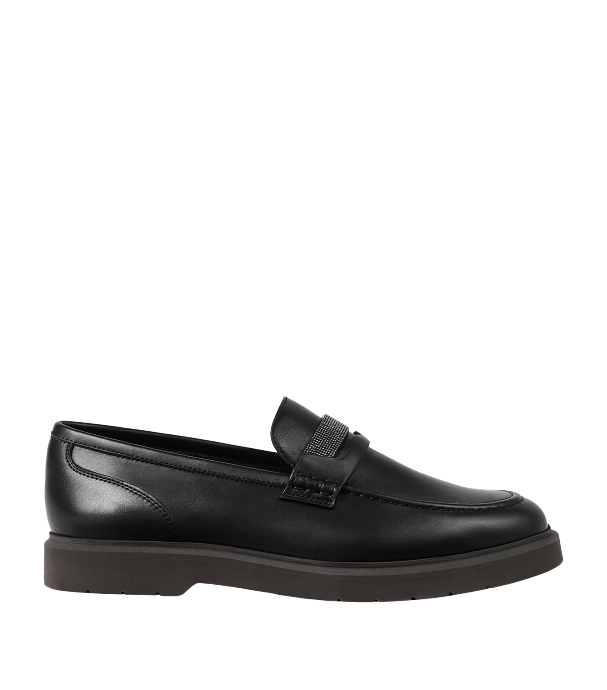 Brunello Cucinelli Leather Monili-Detail Penny Loafers Black