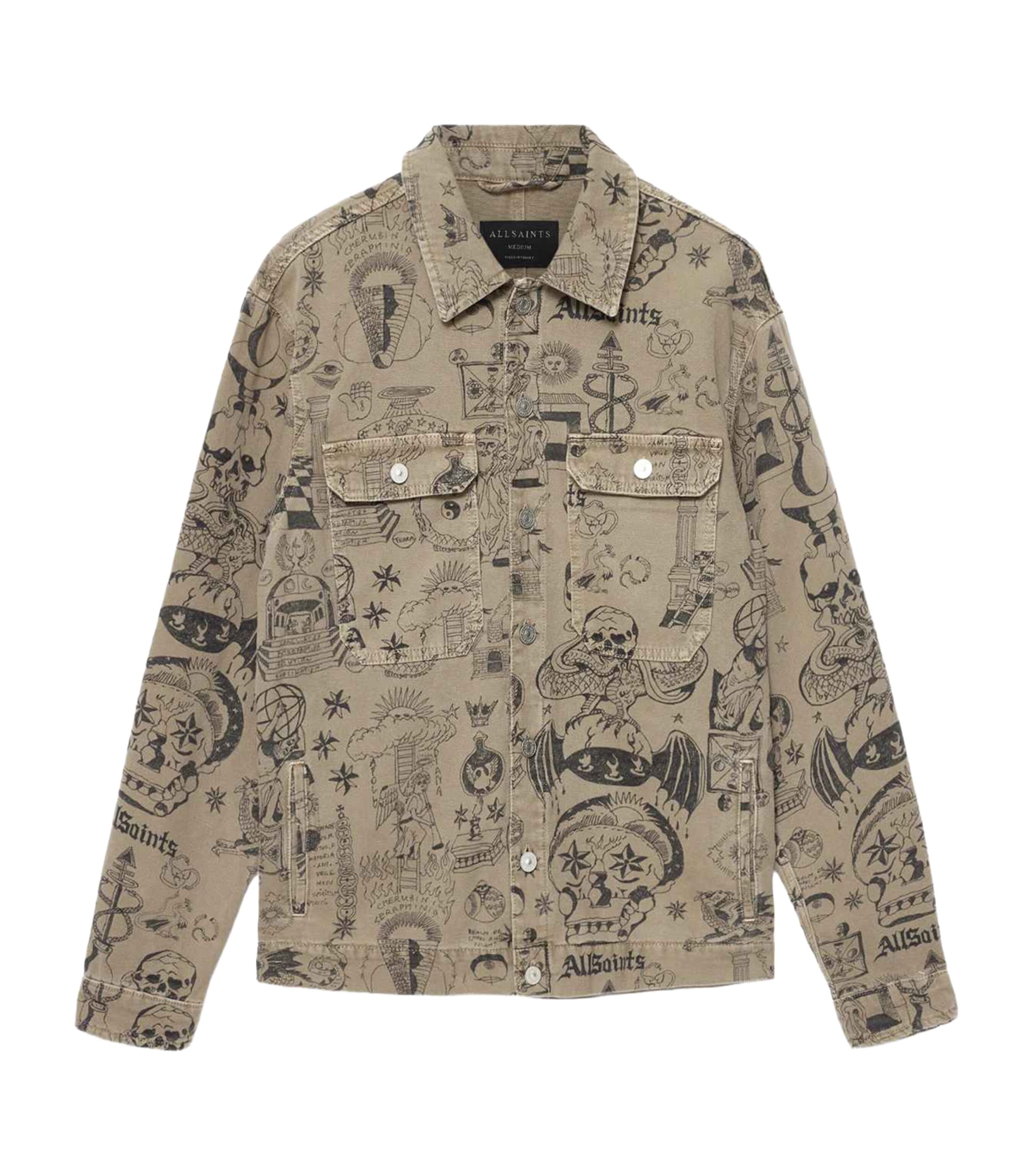 AllSaints Mens Organic Cotton Canvas Printed Sherb Jacket Sand Brown