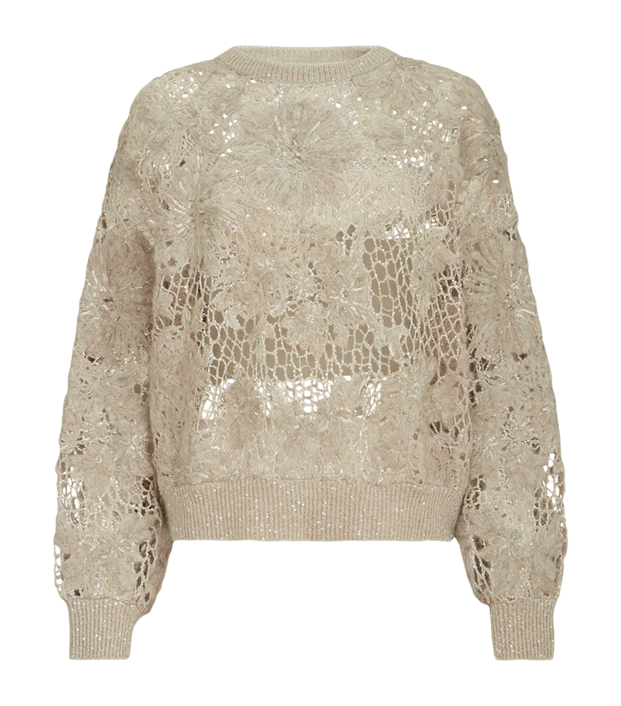 Brunello Cucinelli Womens Mohair-Blend Embroidered Sweater Beige
