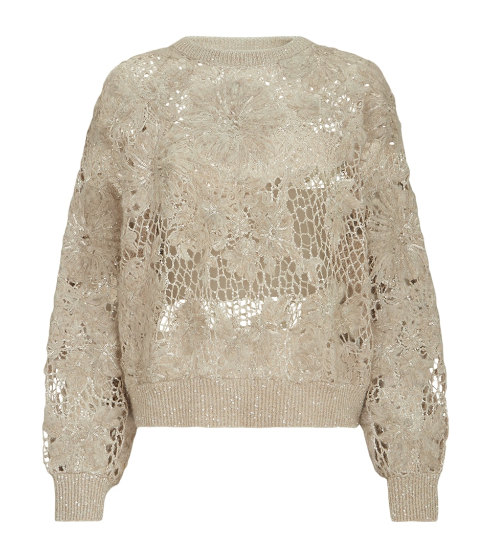 Brunello Cucinelli Womens Mohair-Blend Embroidered Sweater Beige
