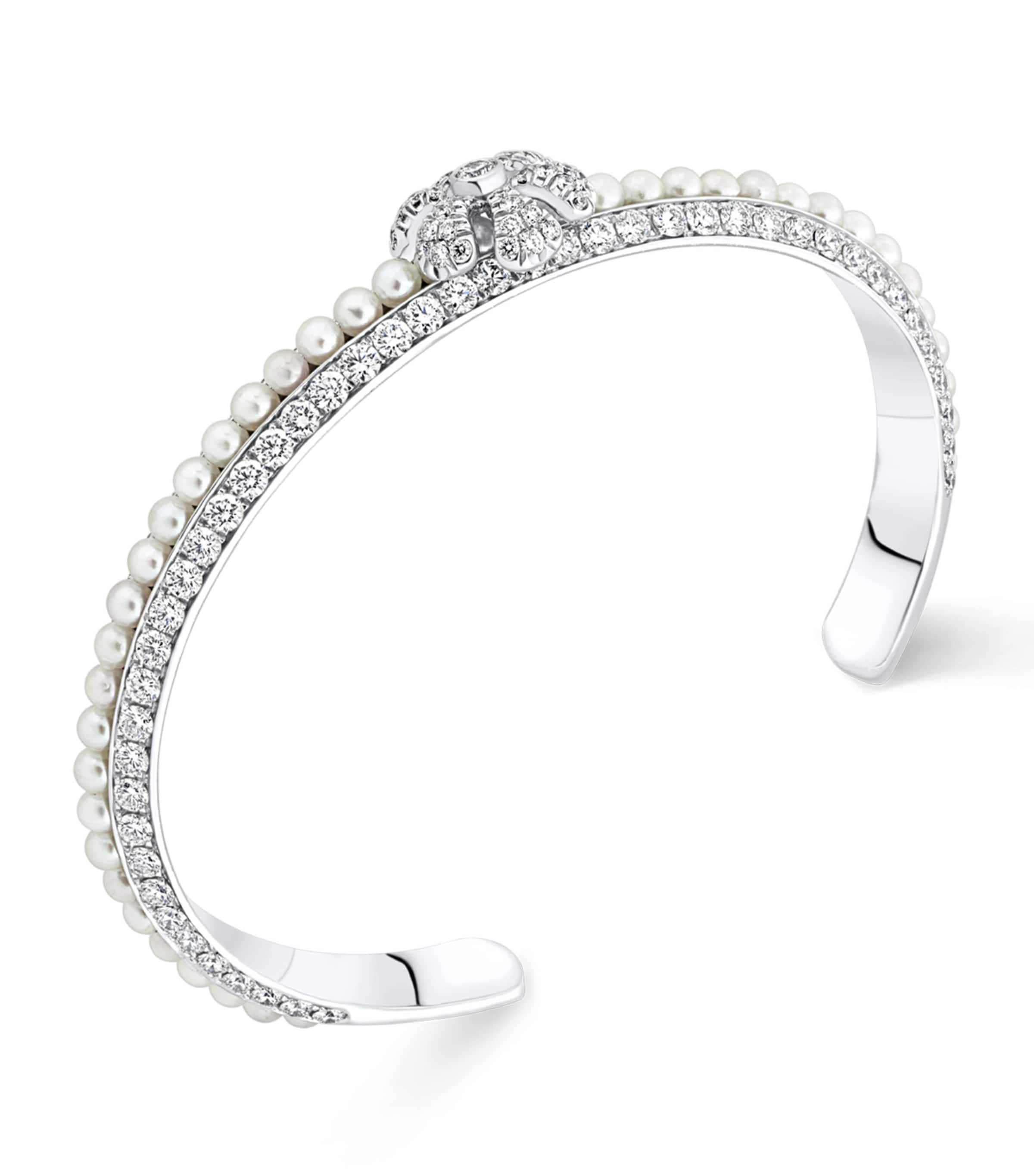 White Gold, Pearl and Diamond Pearl Rose Flower Bangle