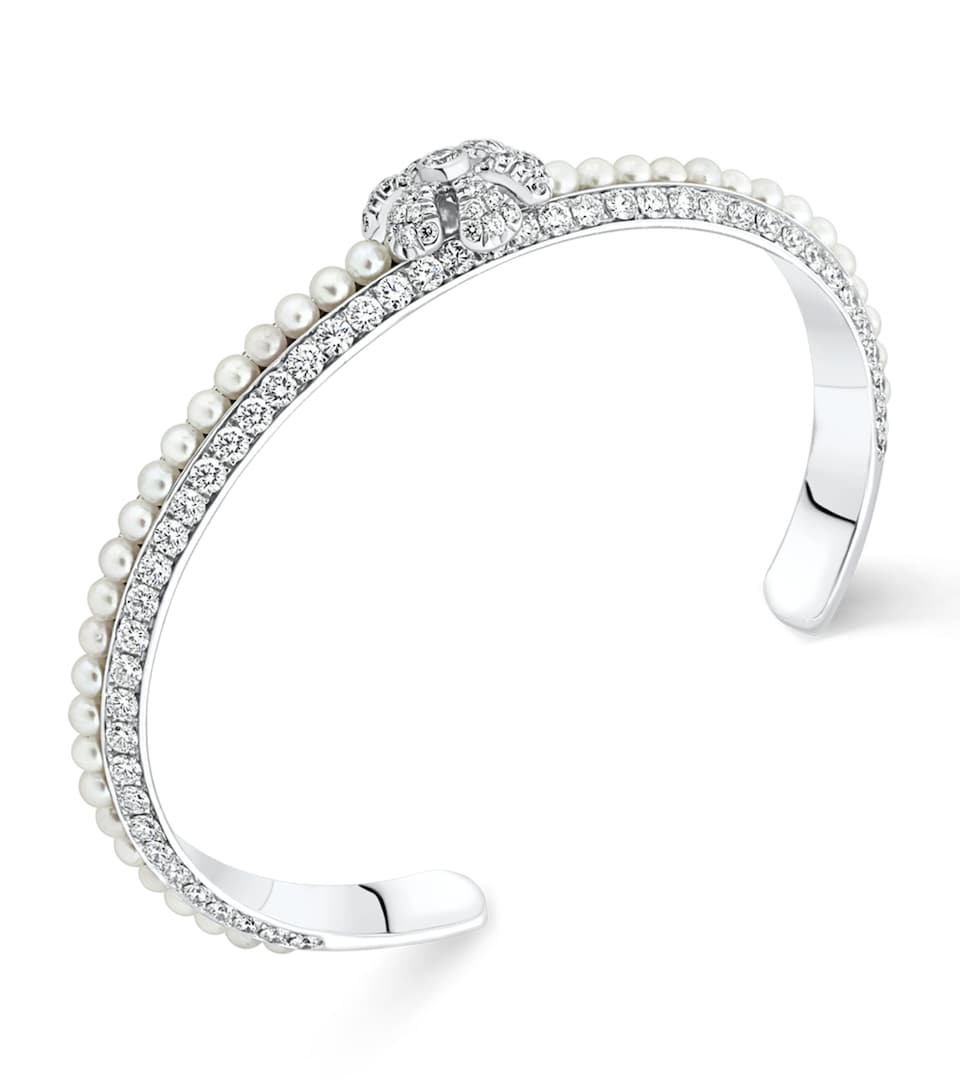 David Morris White Gold, Pearl and Diamond Pearl Rose Flower Bangle White