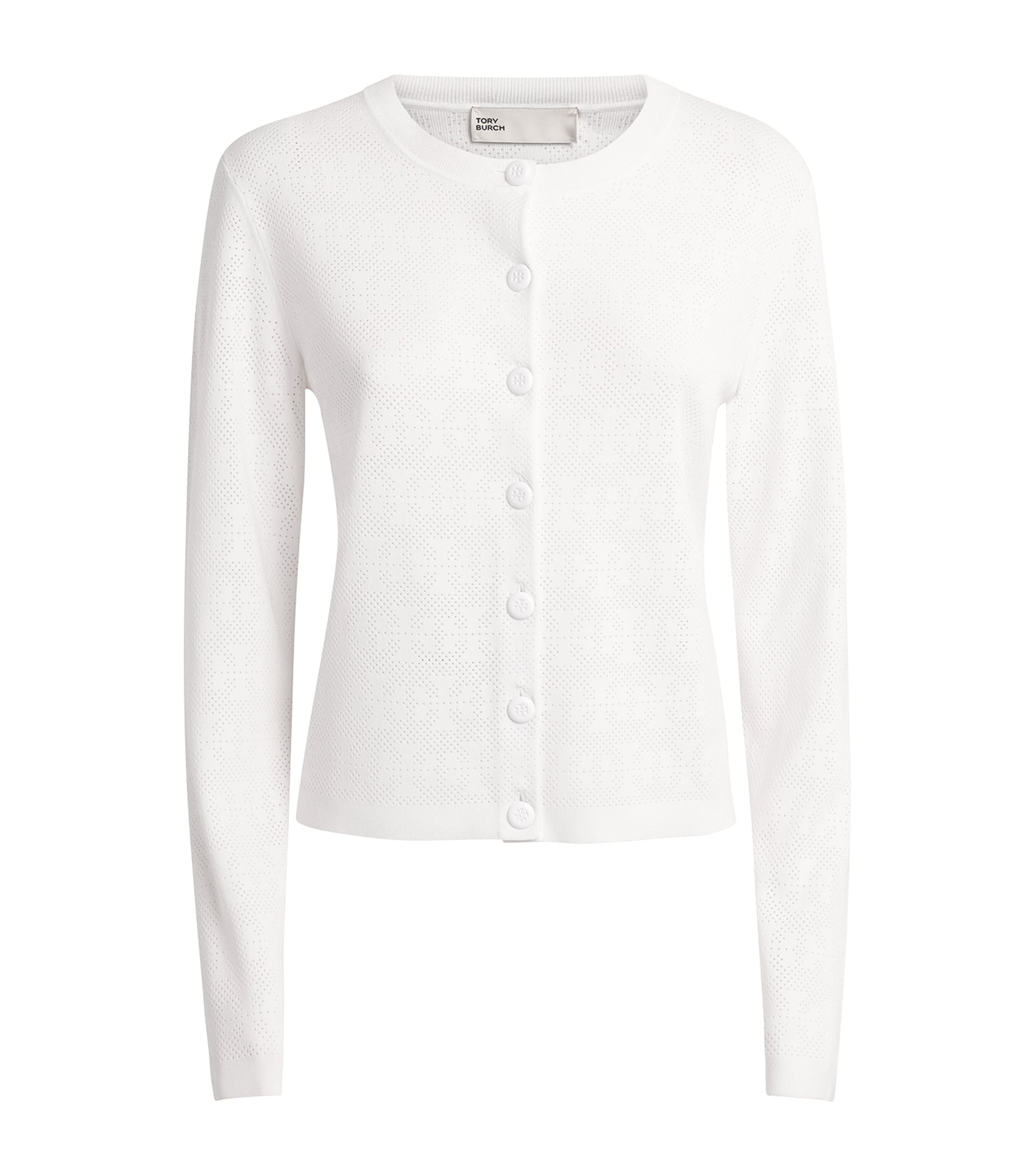 Tory Burch Womens Pointelle-Knit Monogram Cardigan White