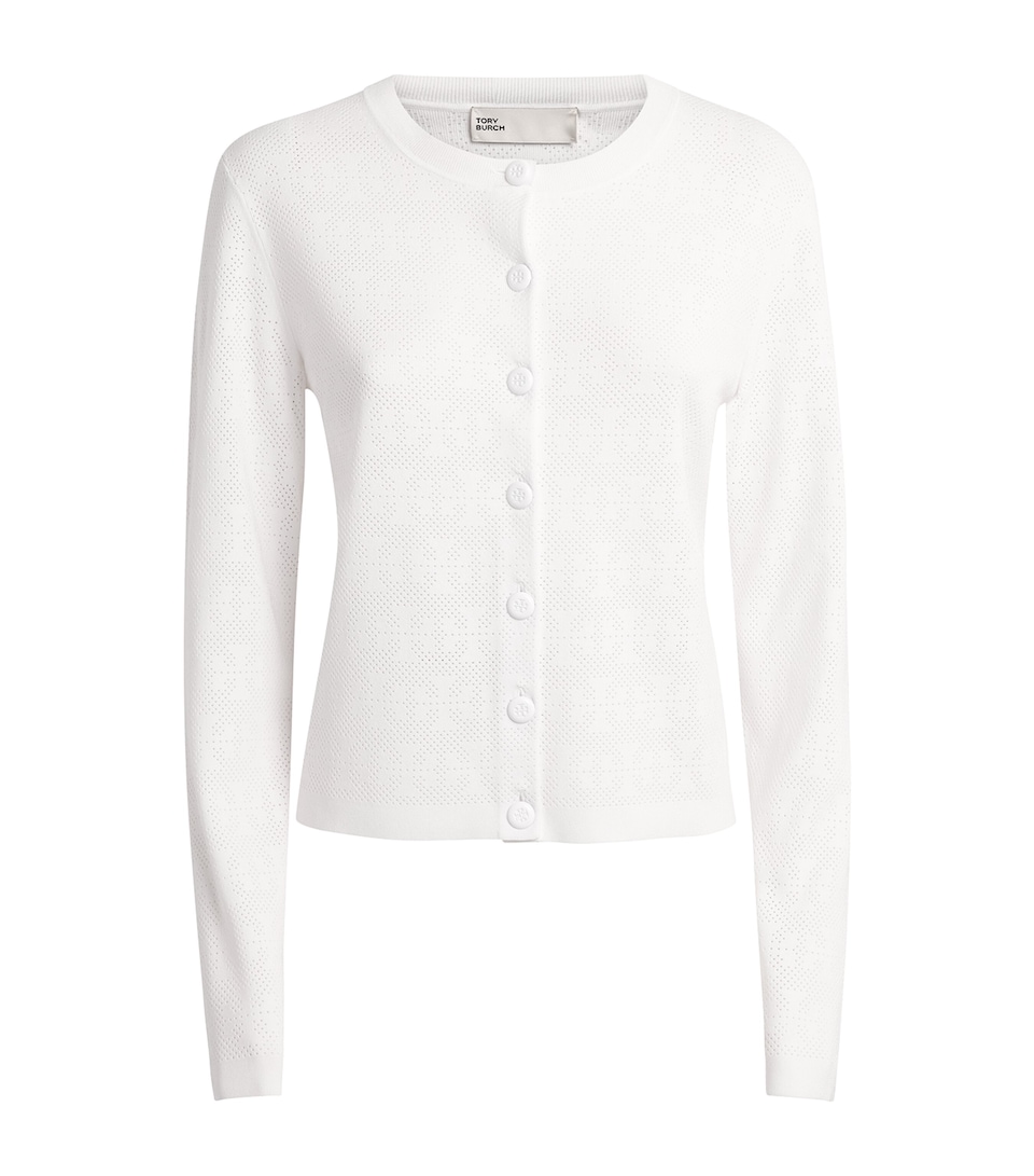 Tory Burch Womens Pointelle-Knit Monogram Cardigan White