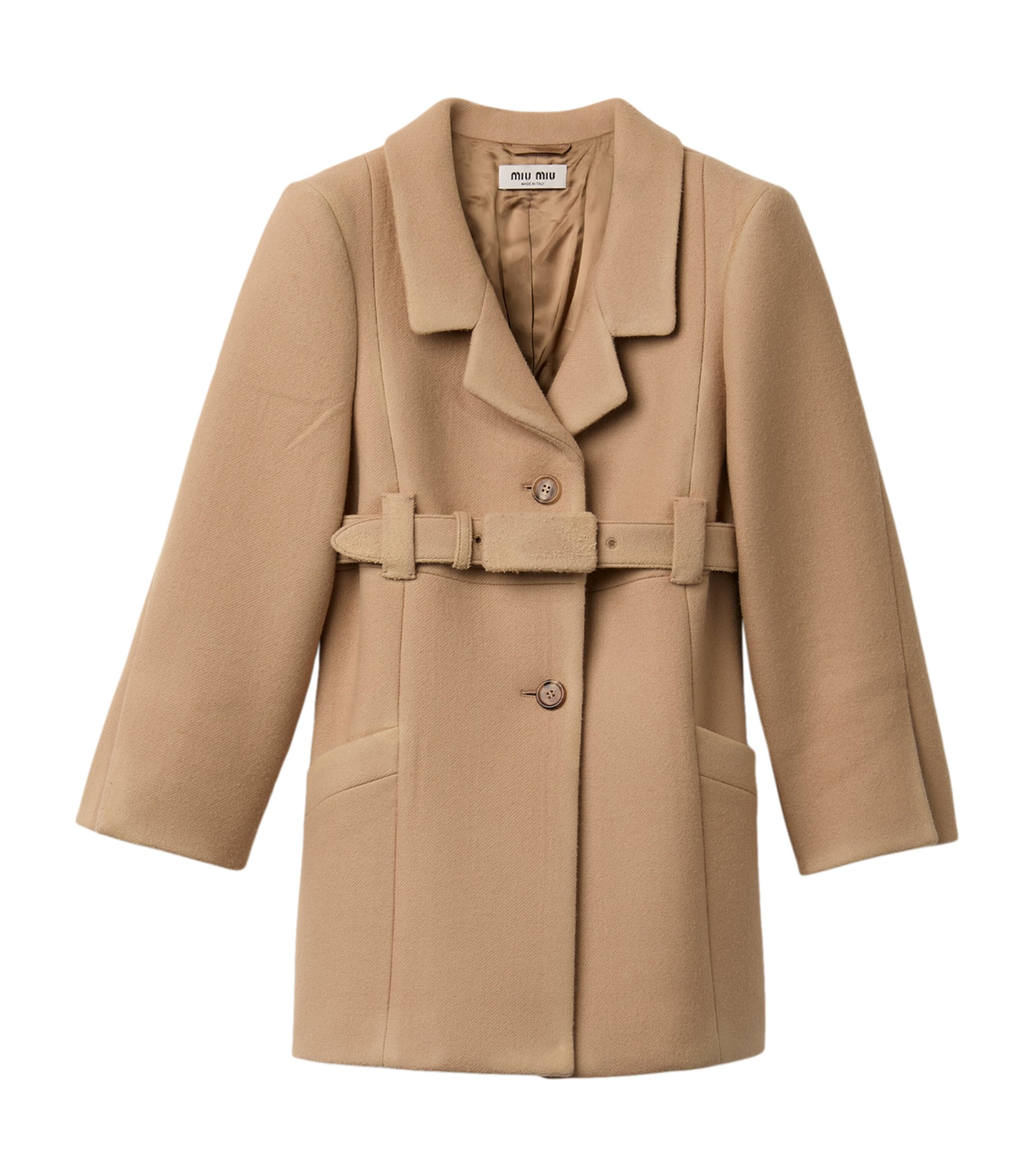 Miu Miu Womens Wool Single-Breasted Belted Coat Brown