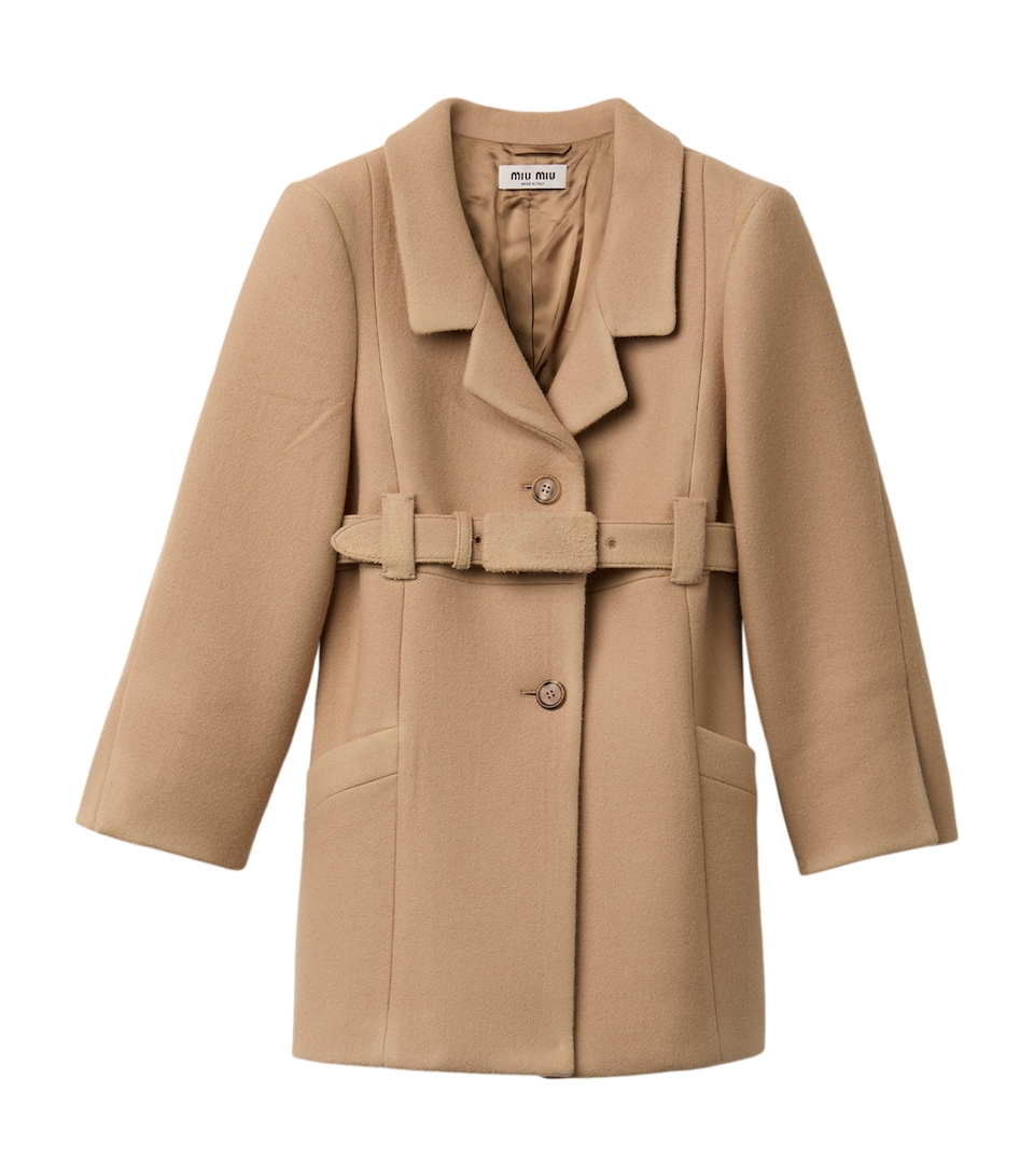 Miu Miu Womens Wool Single-Breasted Belted Coat Brown
