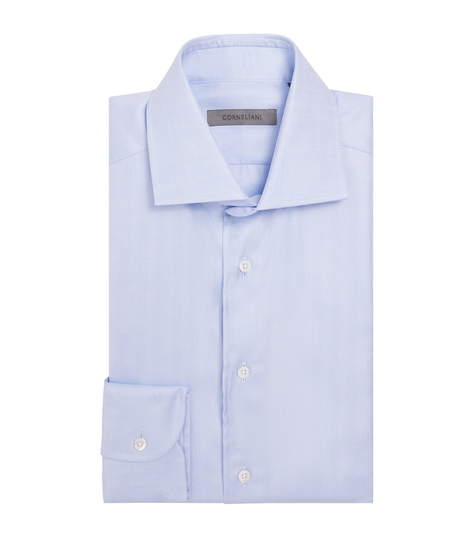 Corneliani Mens Cotton Herringbone Shirt Navy Blue