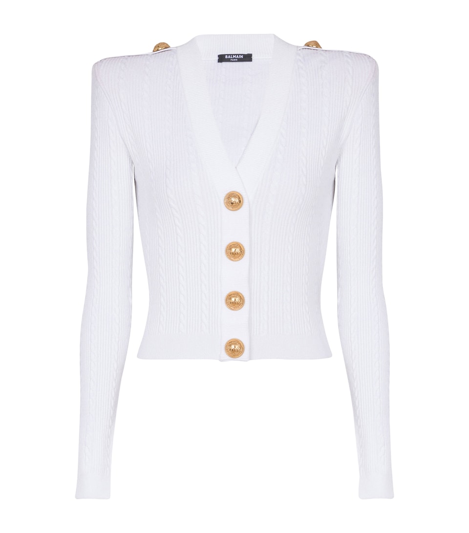 Button-Trim Cable-Knit Cardigan