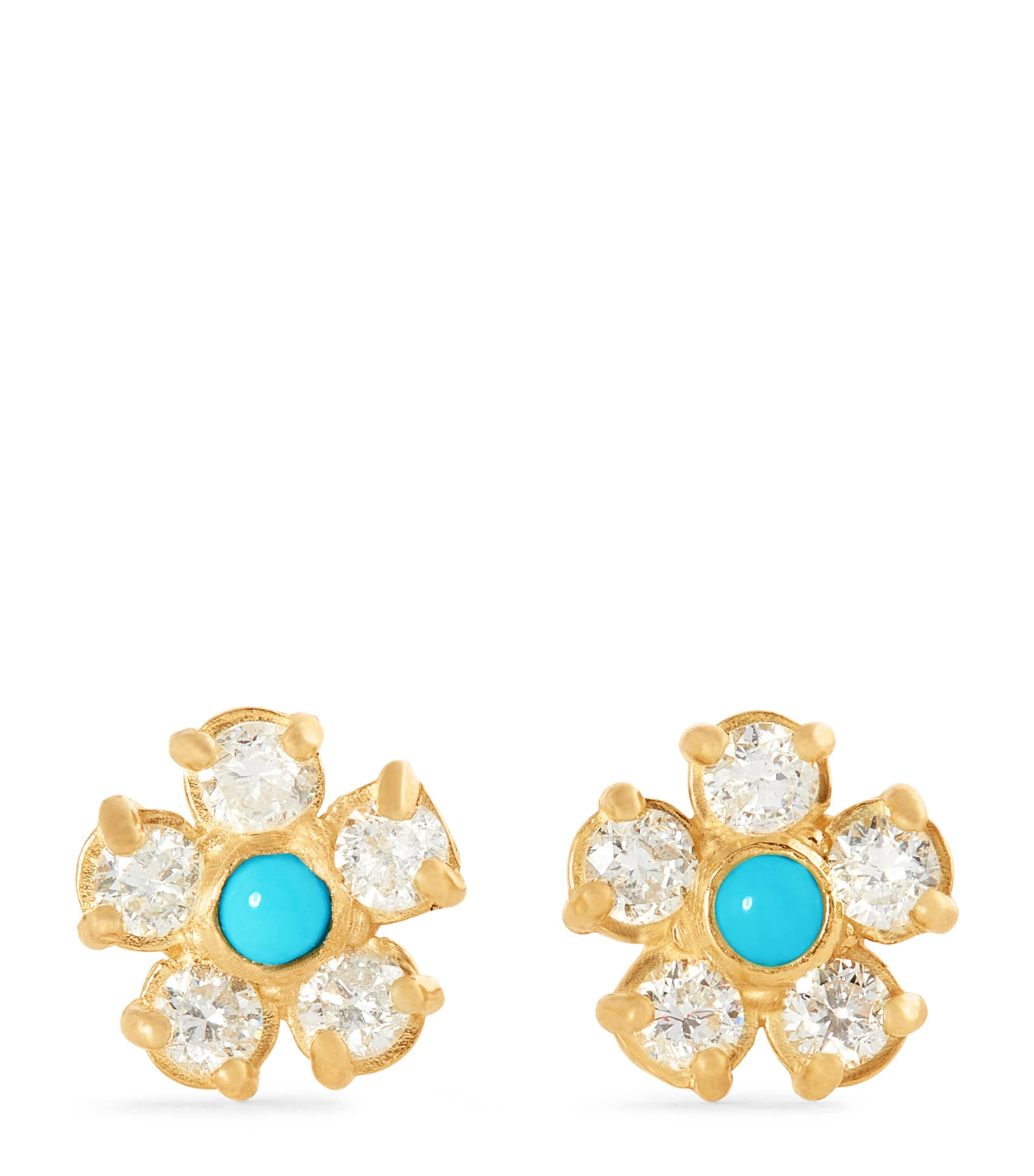 Yellow Gold, Diamond and Turquoise Edith Flower Earrings