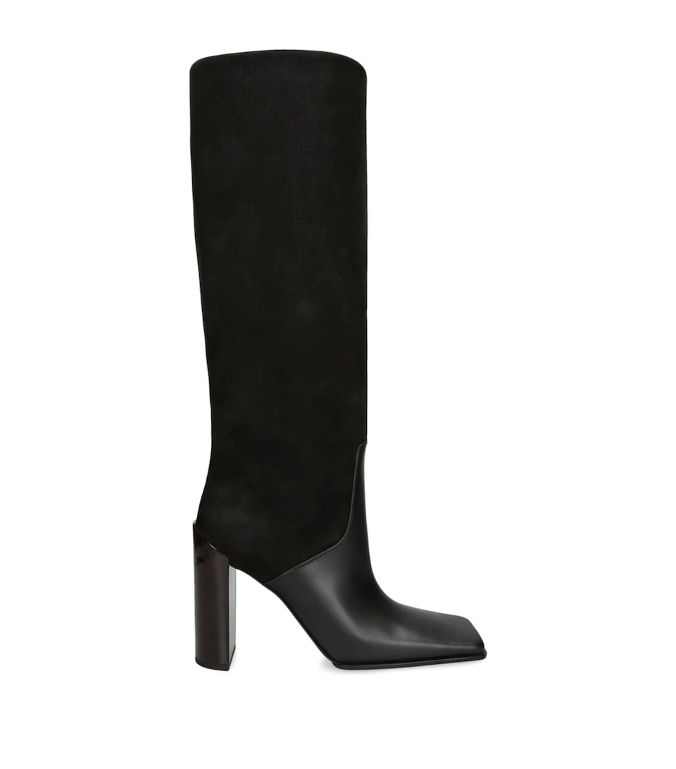 Leather Suede-Trim Knee-High Boots