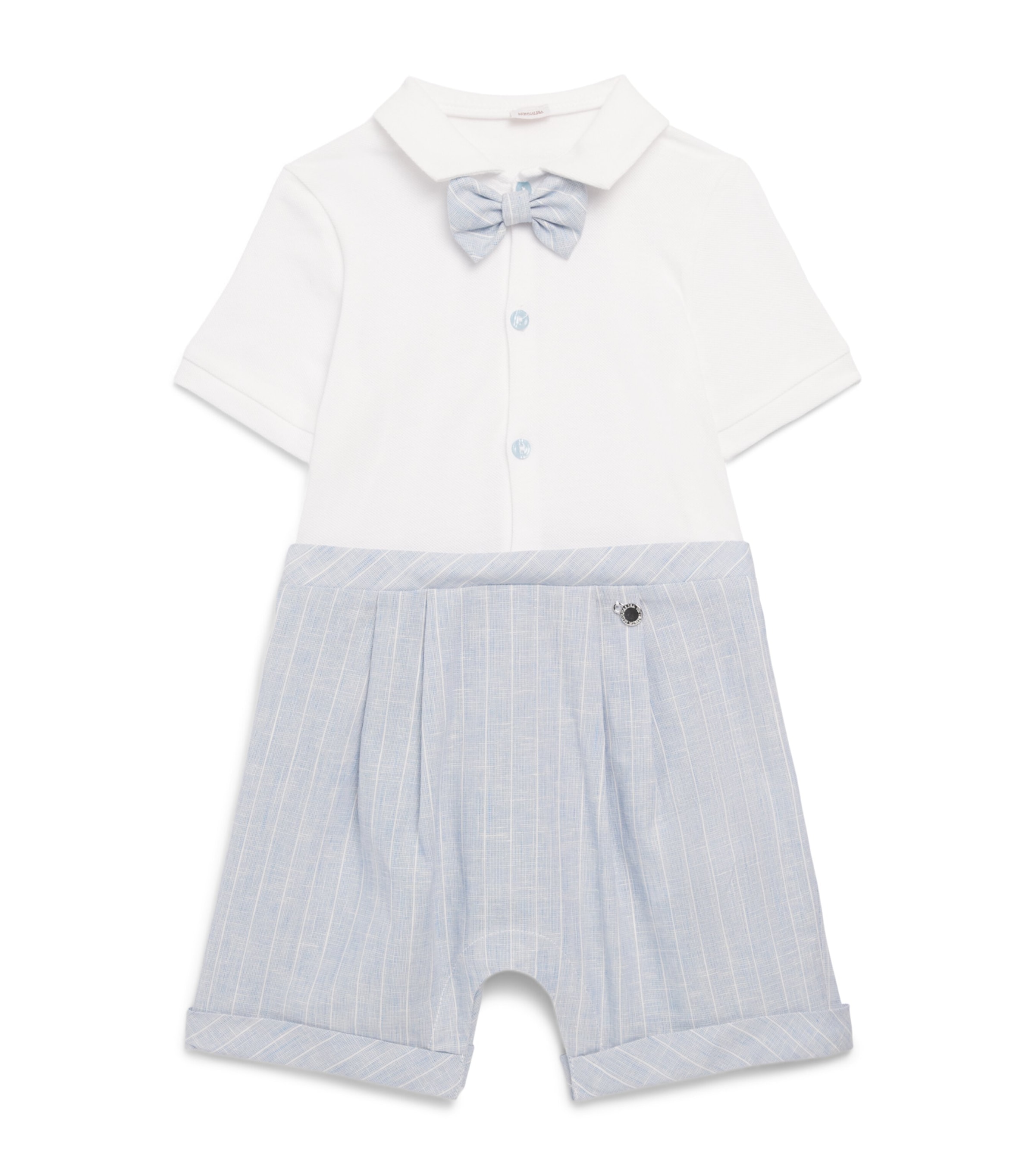 Monnalisa Cotton Stripe Bow Tie Playsuit (1-9 Months) White+cloud