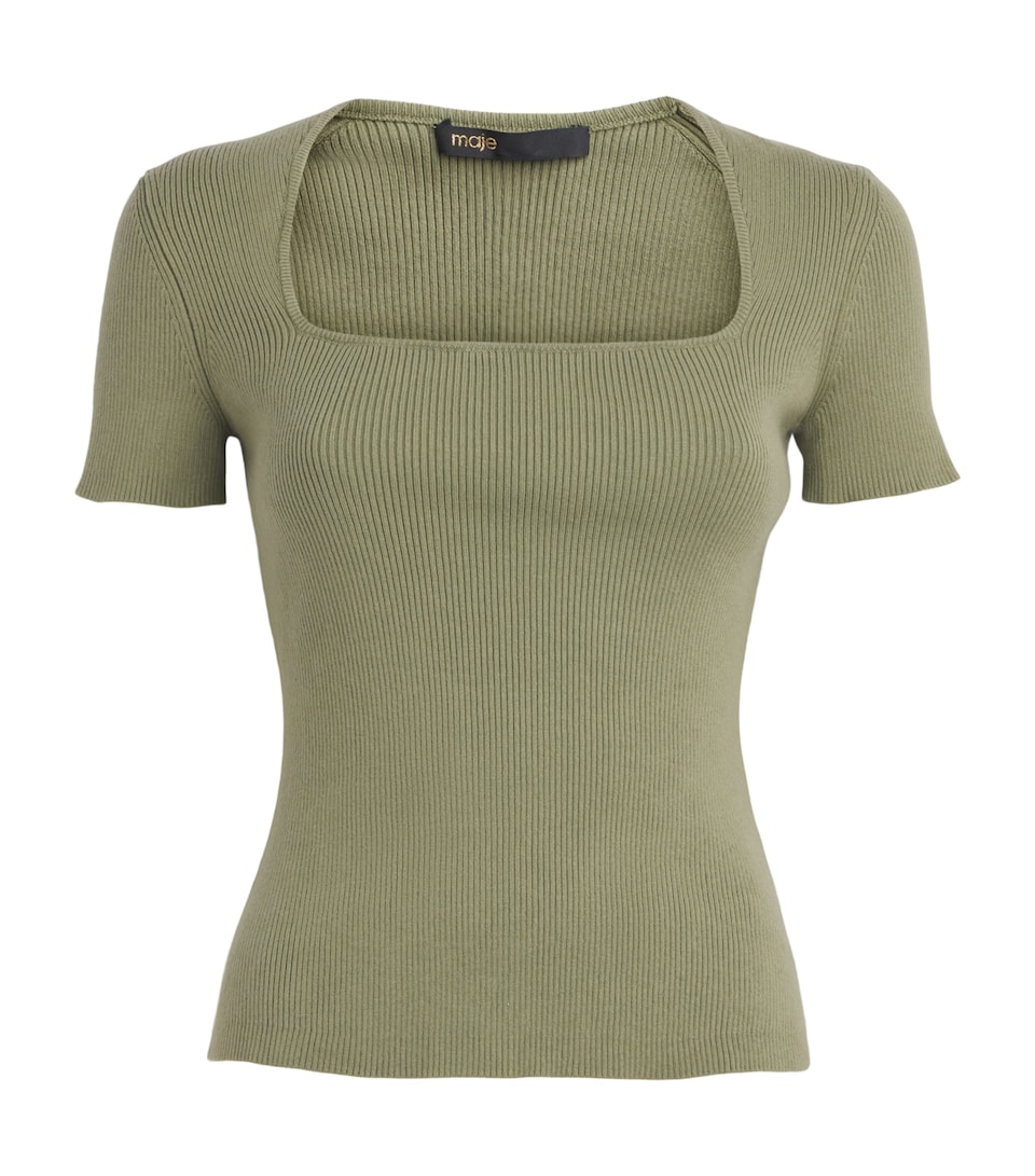 Maje Womens Cotton-Blend Rib-Knit Top Khaki