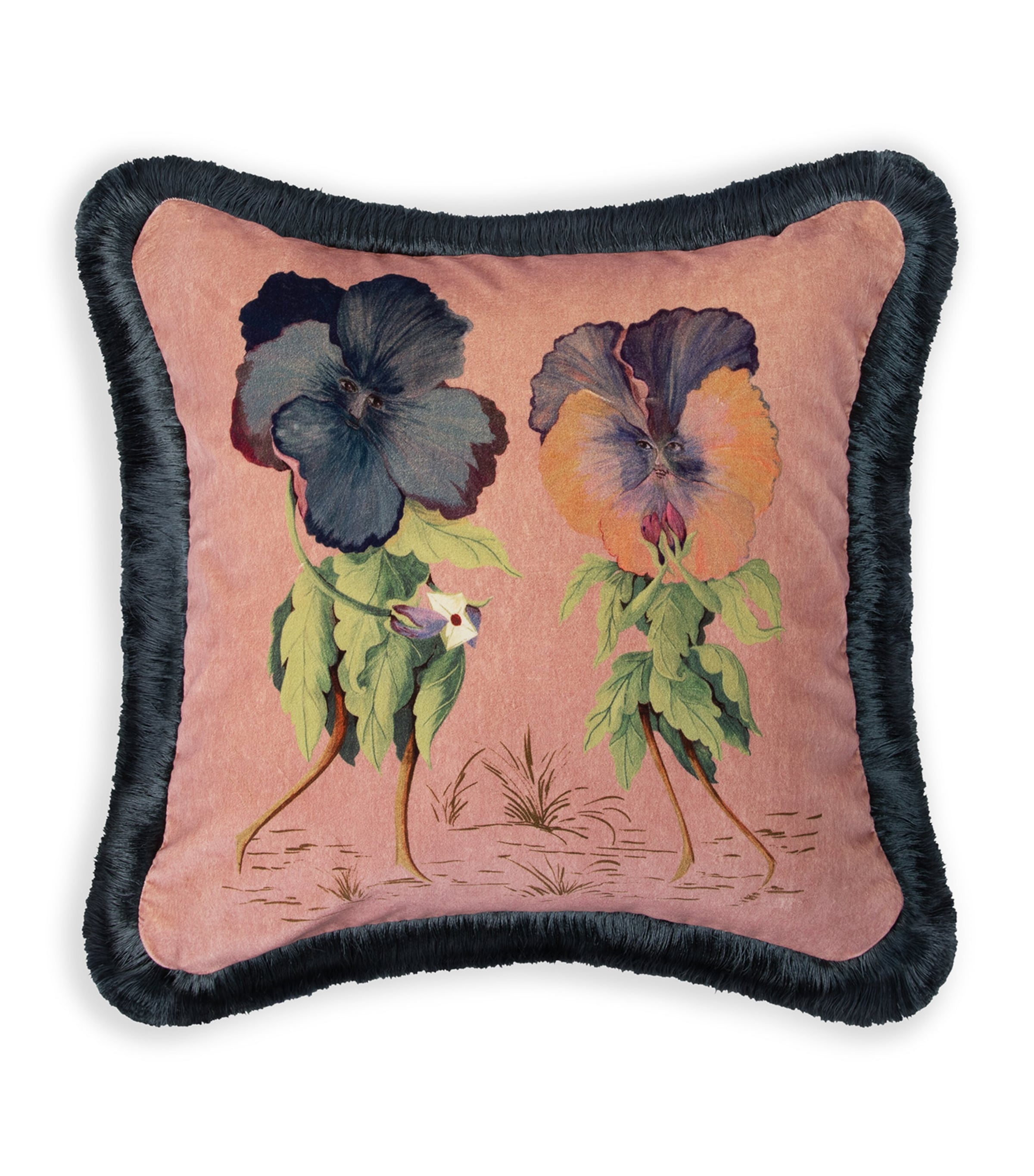Medium Velvet Amatoria Pansies Fringed Cushion (45cm x 45cm)