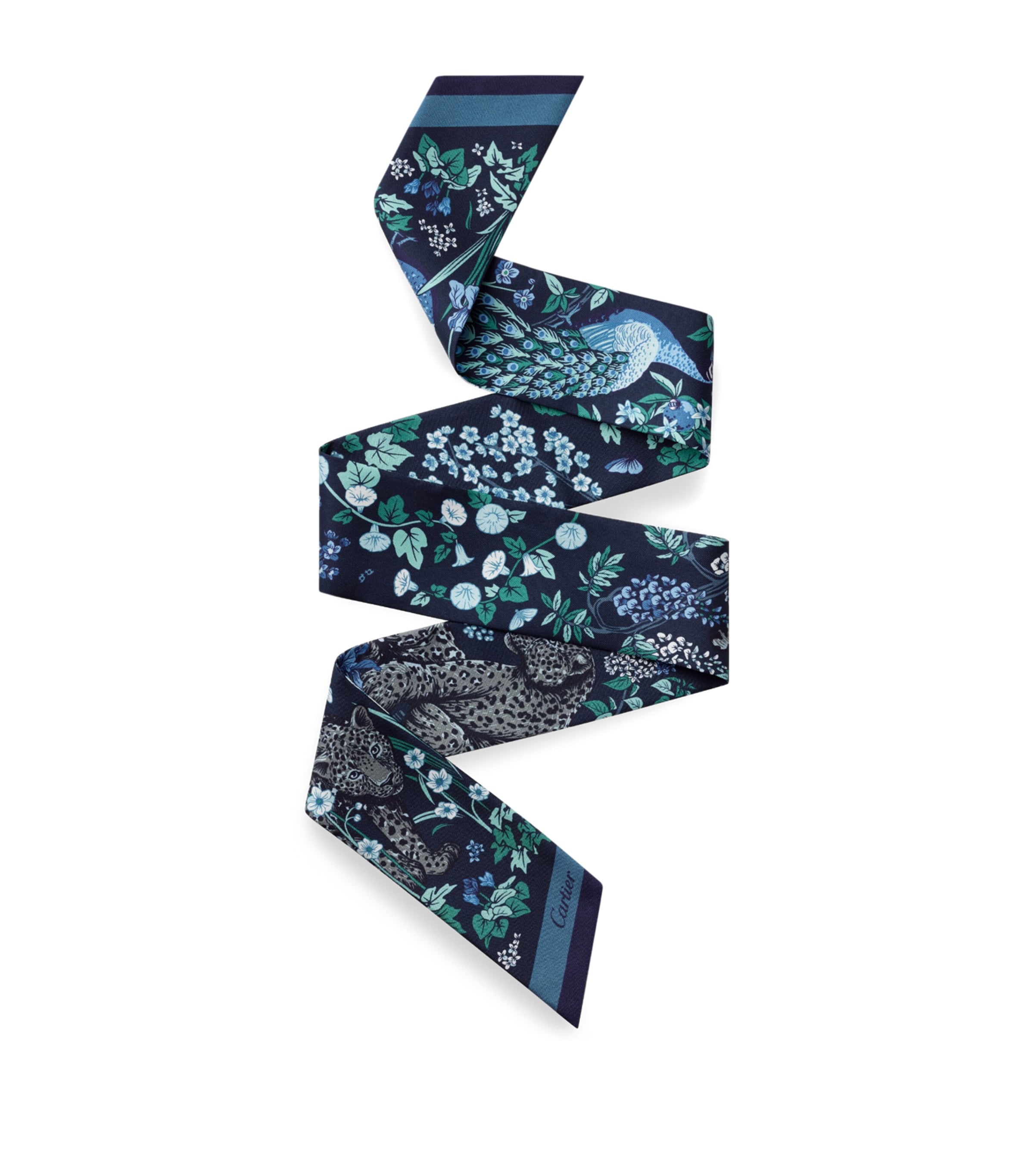 Cartier Silk Blooming Panthère Skinny Scarf Navy Blue
