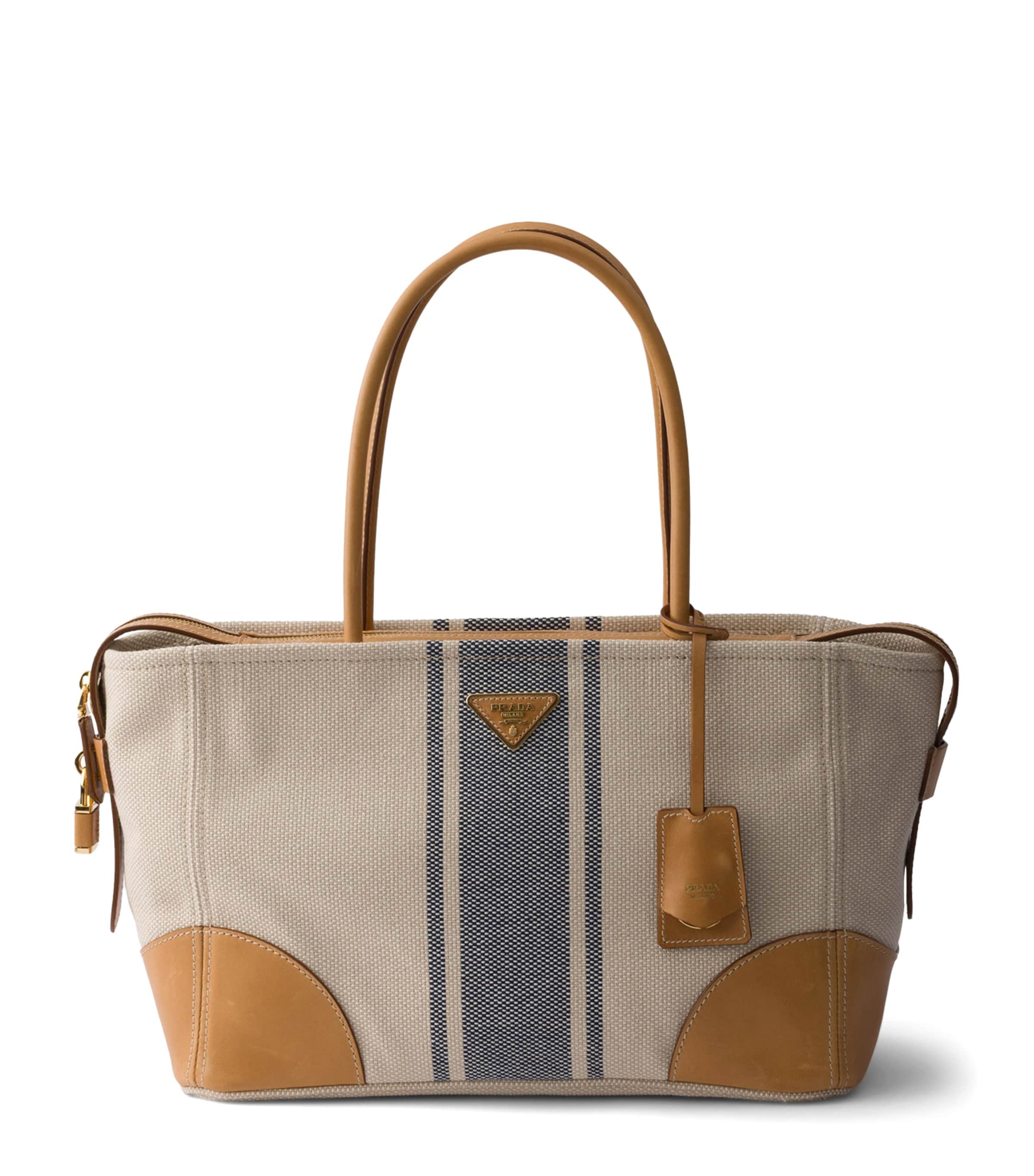 Prada Large Canvas and Leather Shopper Bag Neutral