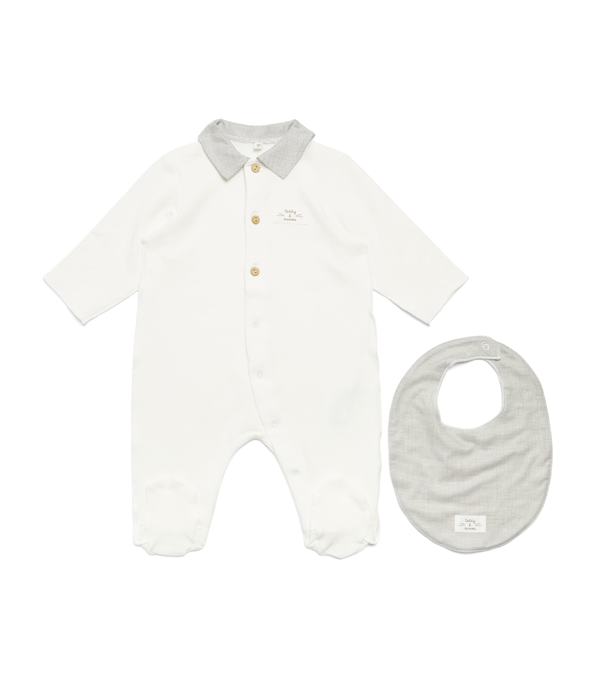 Teddy & Minou Cotton All-in-One and Bib Set (0-12 Months) Milk